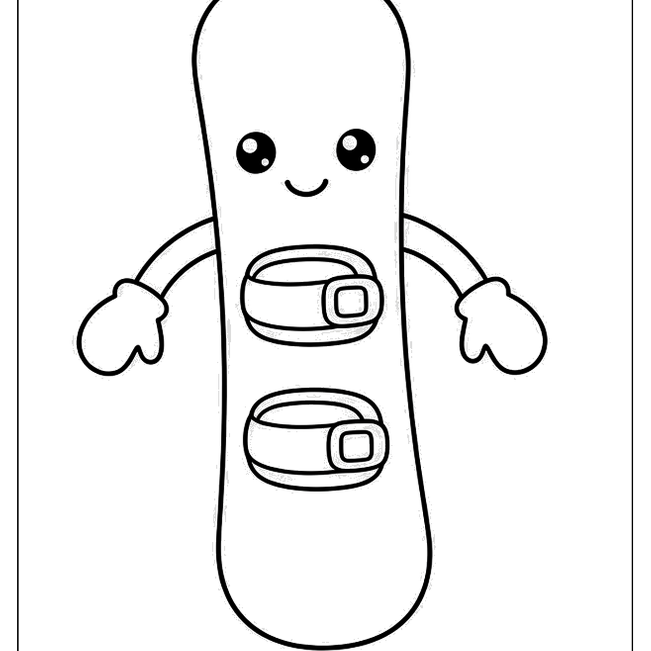 Upright snowboard with a smiling face, mittens and two bindings