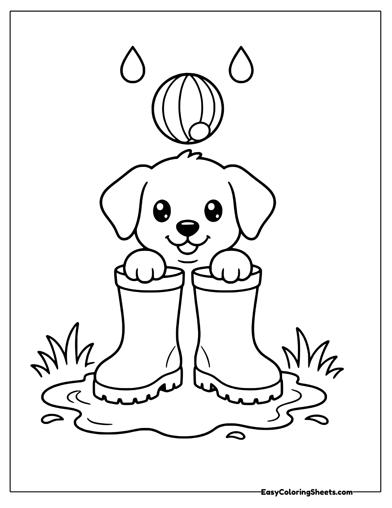 Puppy peeking out of tall rain boots