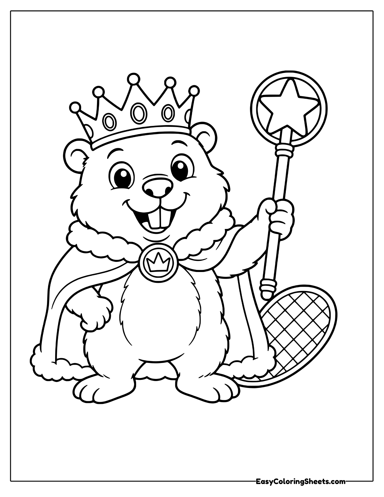 Beaver king in a crown and royal cape holding a star scepter