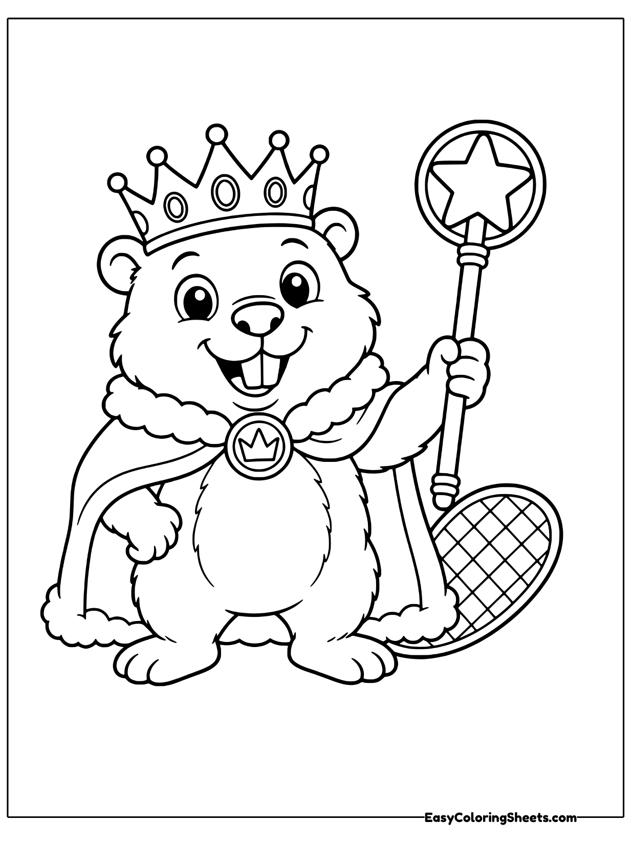 A jolly beaver king wears a pointed crown and a fluffy trimmed royal cape with a round badge.