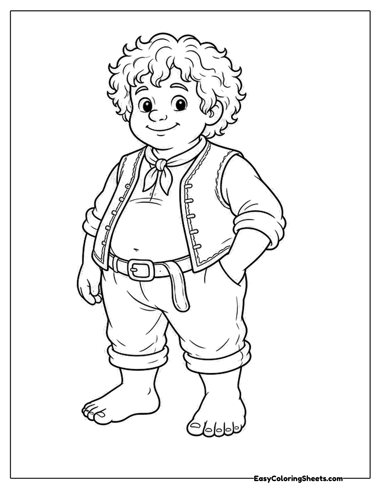 Curly-haired halfling in a vest with bare feet