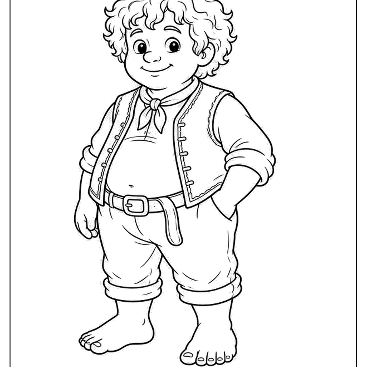 Curly-haired halfling in a vest with bare feet