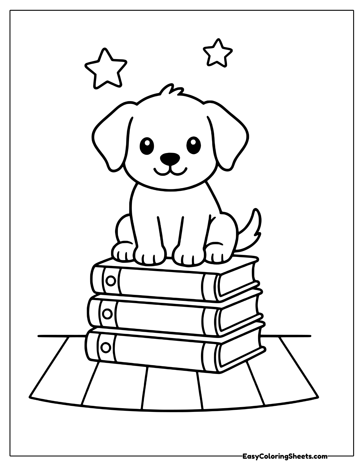Puppy sitting on a stack of books