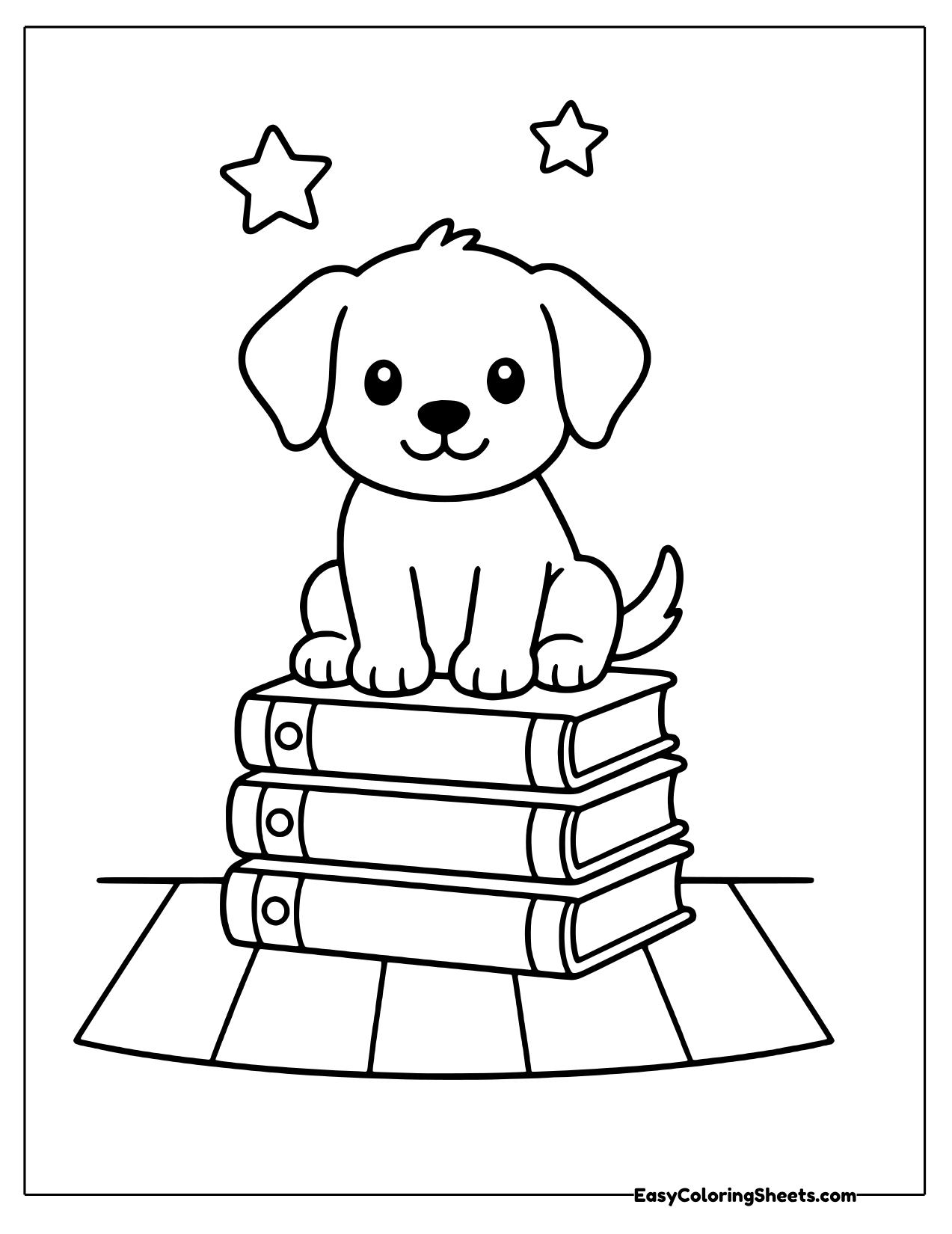Puppy sitting on a stack of books