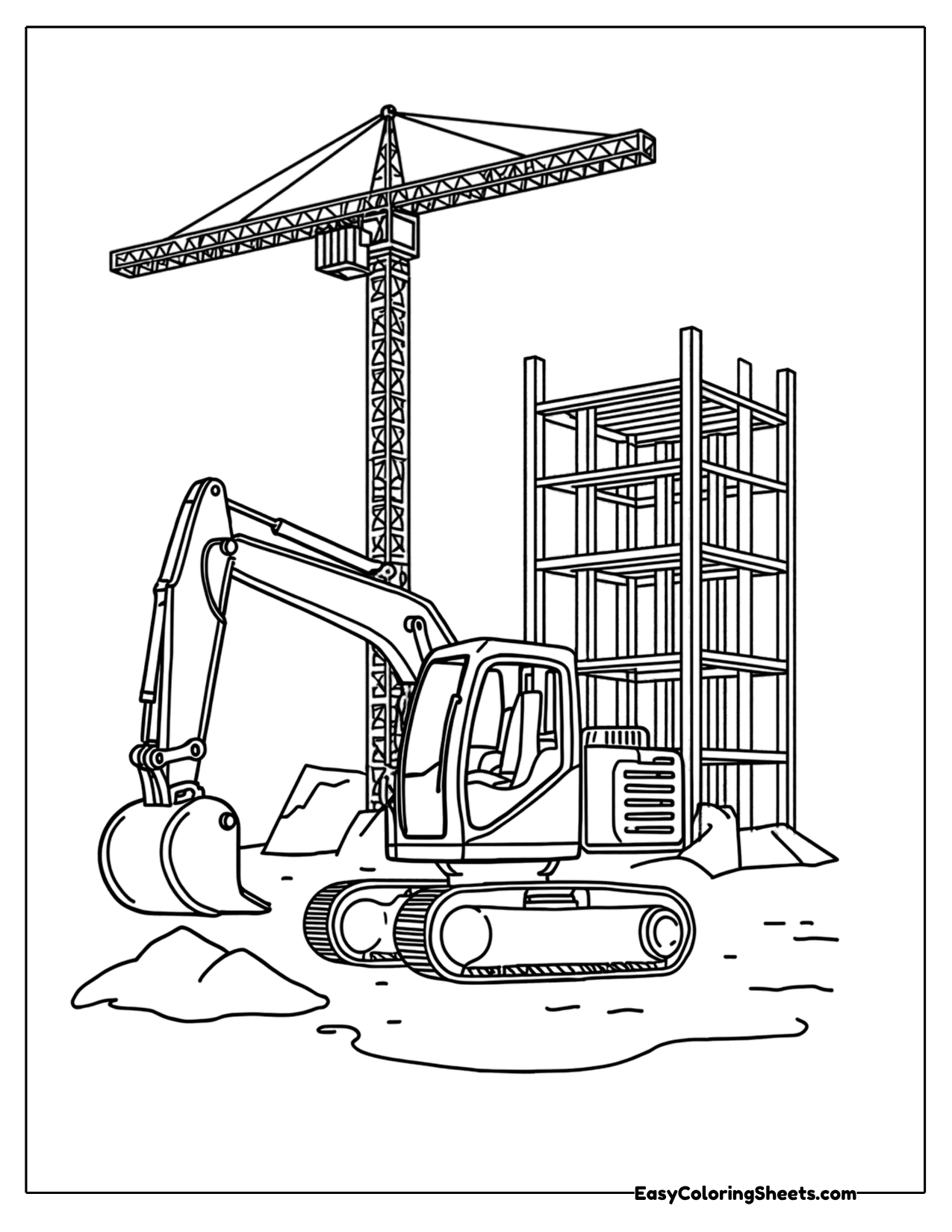 Excavator and tower crane at a building site