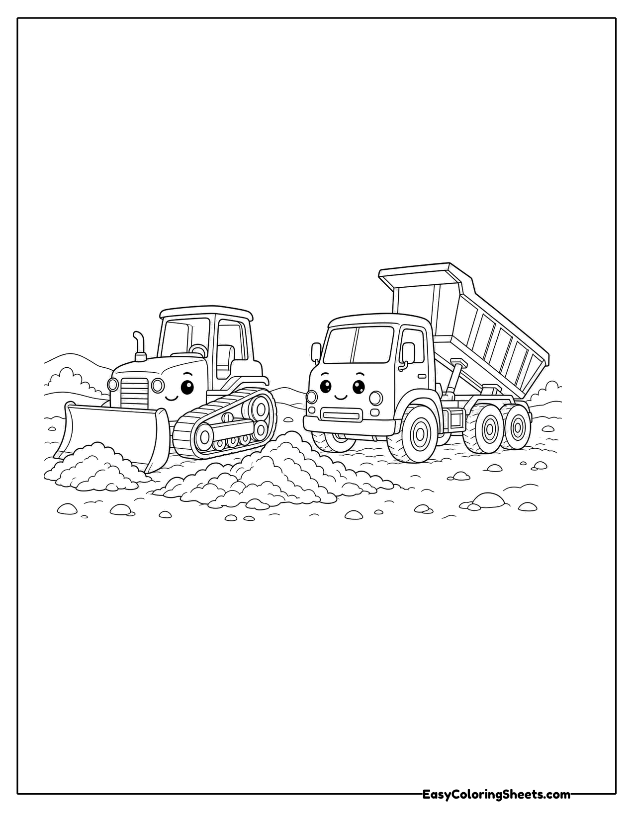 Bulldozer working beside a dump truck