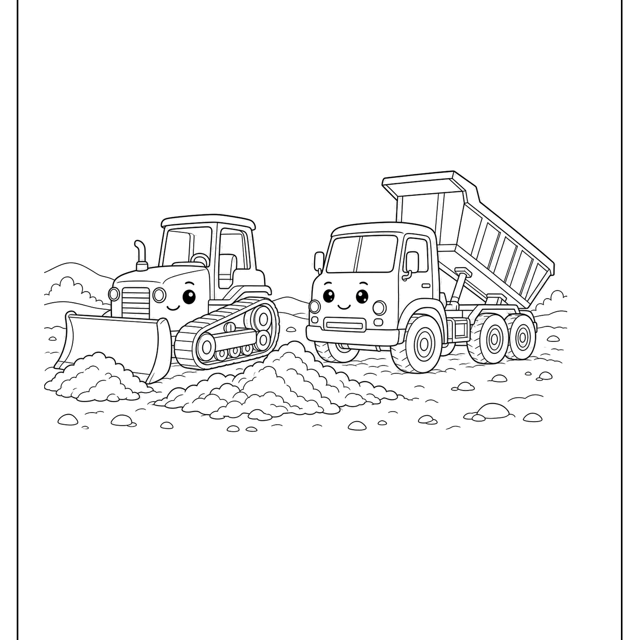 Bulldozer working beside a dump truck