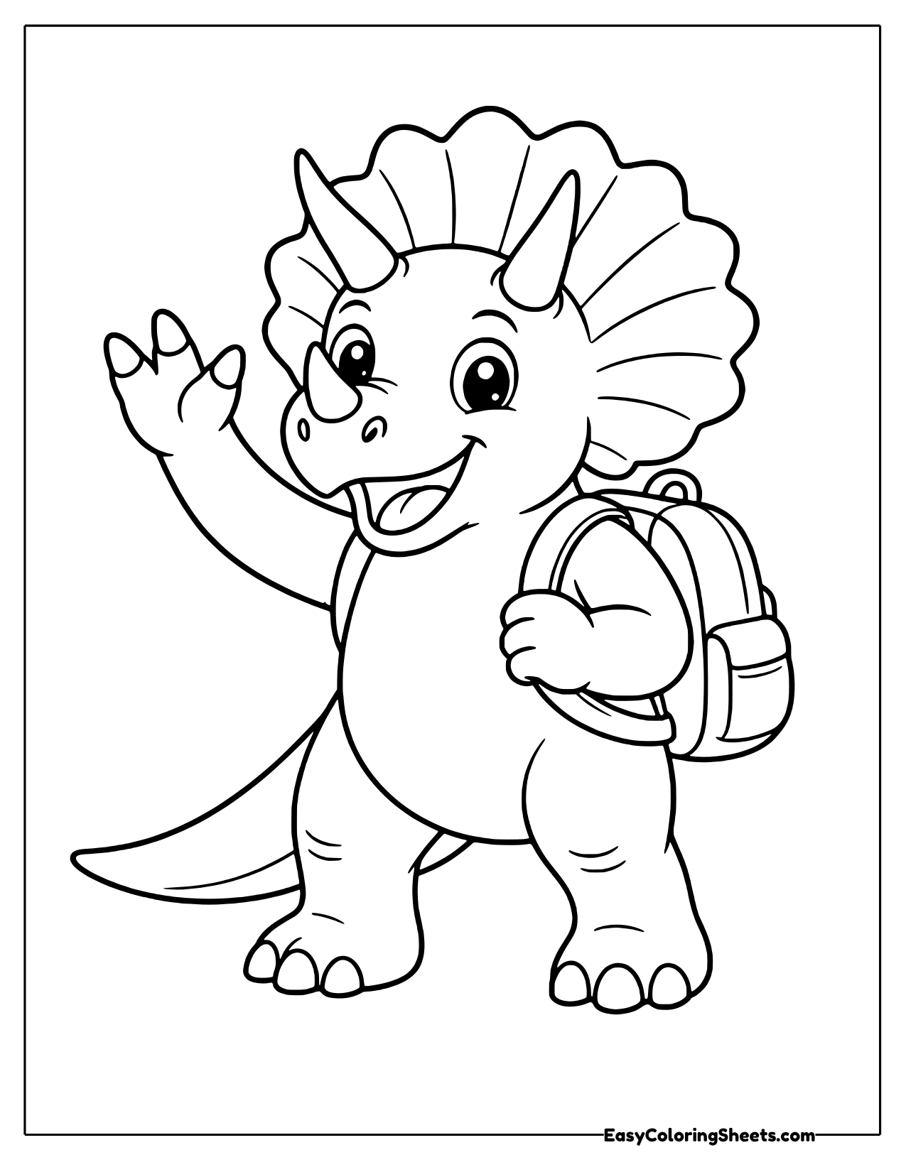 A triceratops stands upright with a little backpack on its shoulders and waves one hand hello, as if heading off to school.