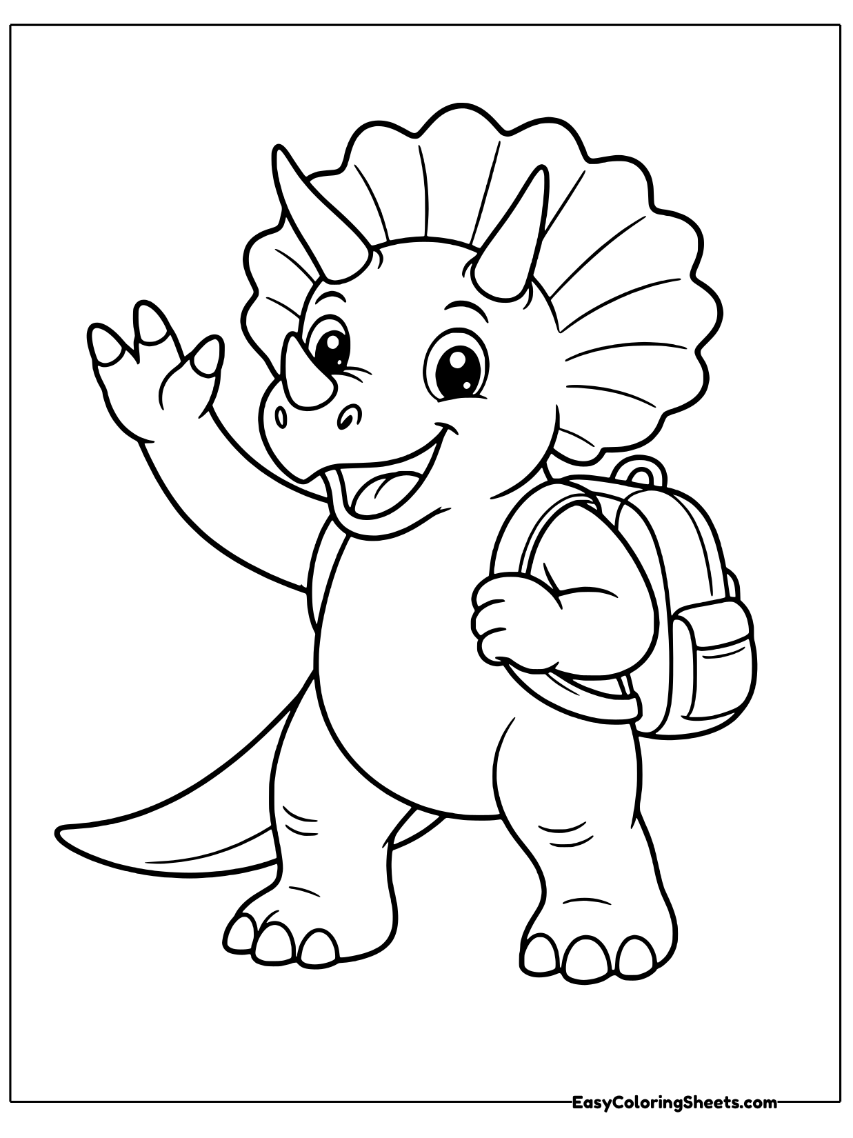 A triceratops stands upright with a little backpack on its shoulders and waves one hand hello, as if heading off to school.