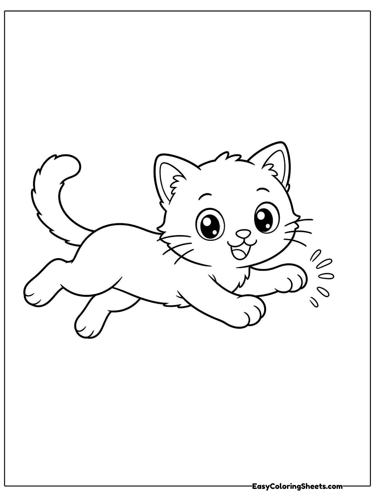 A playful kitten bounds forward with its legs stretched out and tail raised, as if chasing a toy.