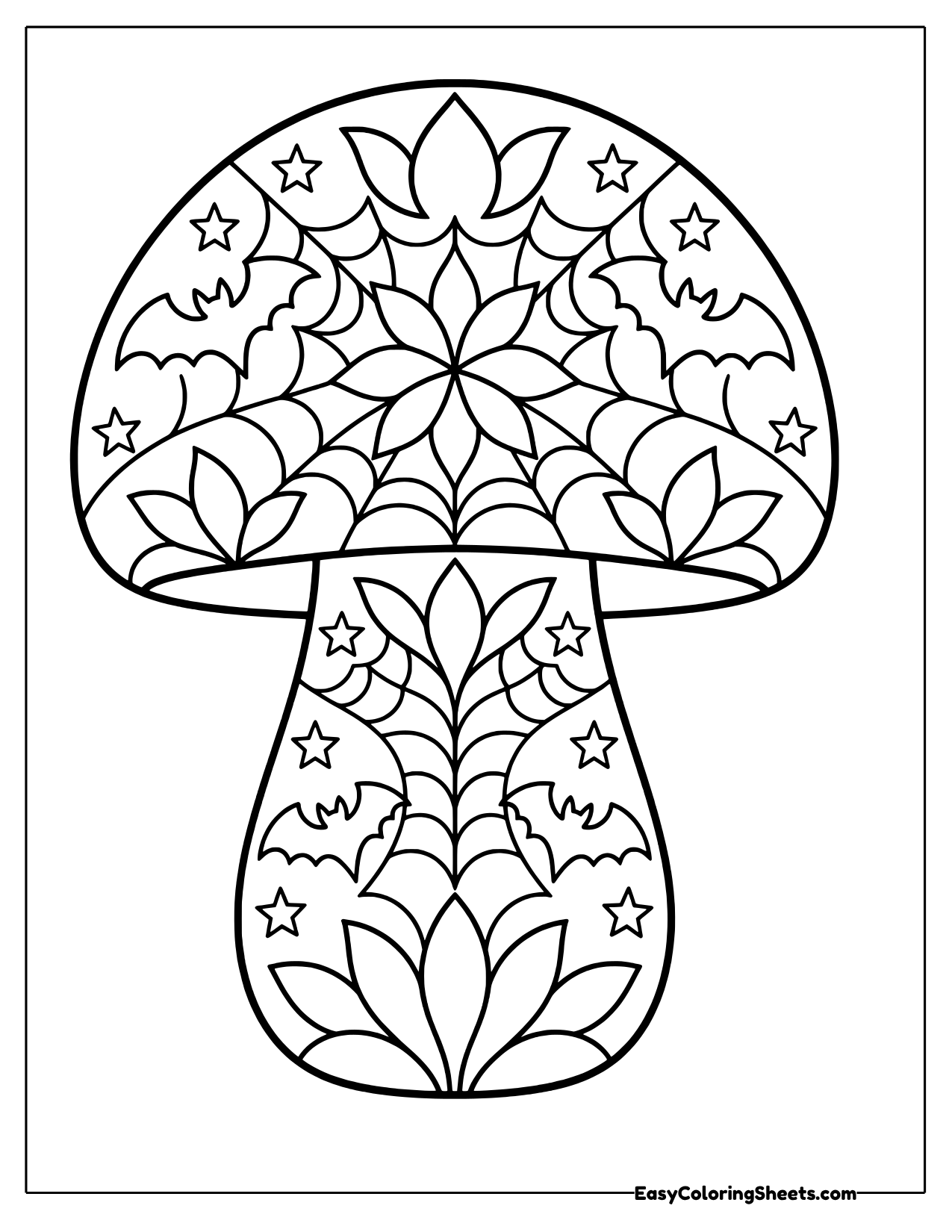 Toadstool mushroom mandala with spiderwebs, bats, stars and flower patterns