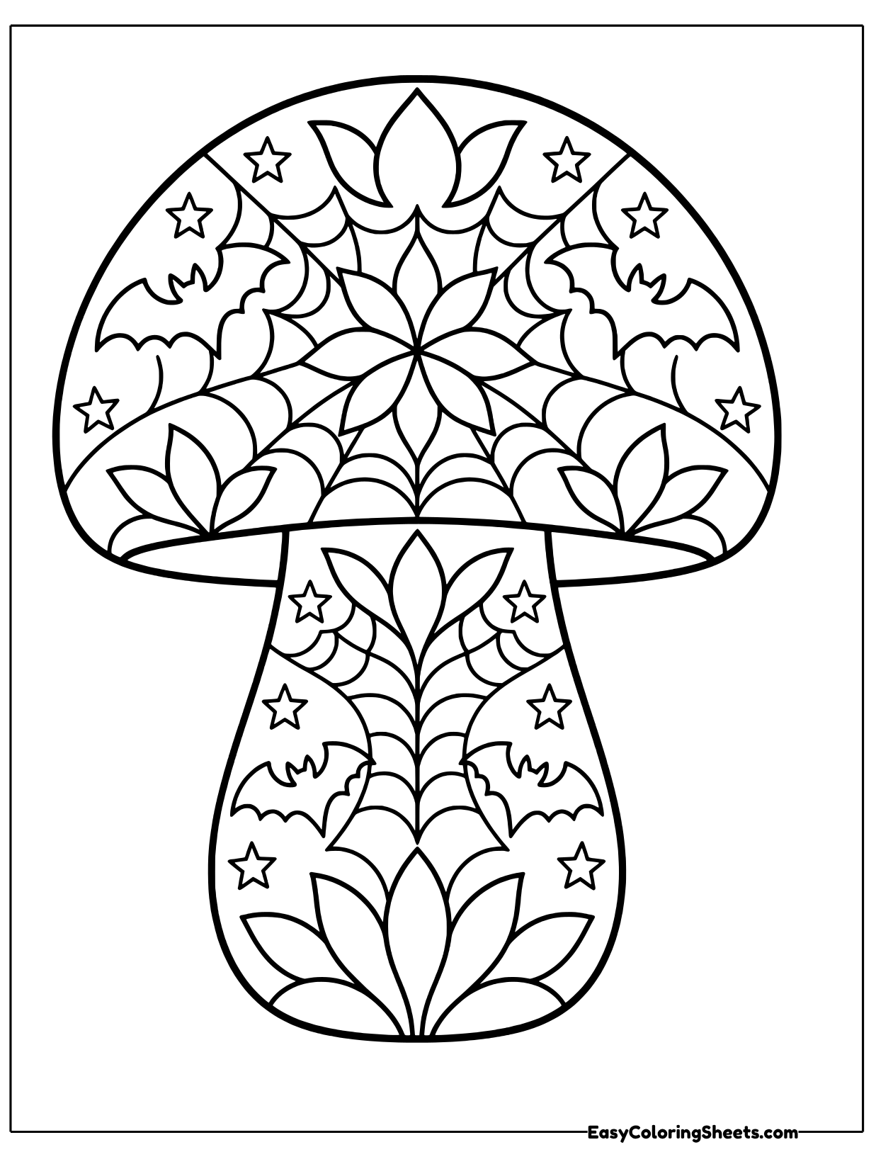A giant toadstool mushroom stands tall with a domed cap full of spiderweb arcs, bats, stars and a big flower at the top.