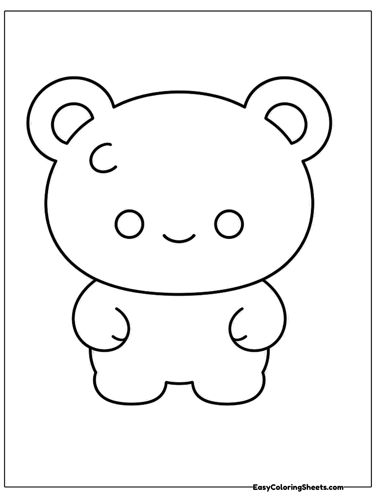A round cute bear character with small ears, big eyes and a gentle smile stands with its arms out.