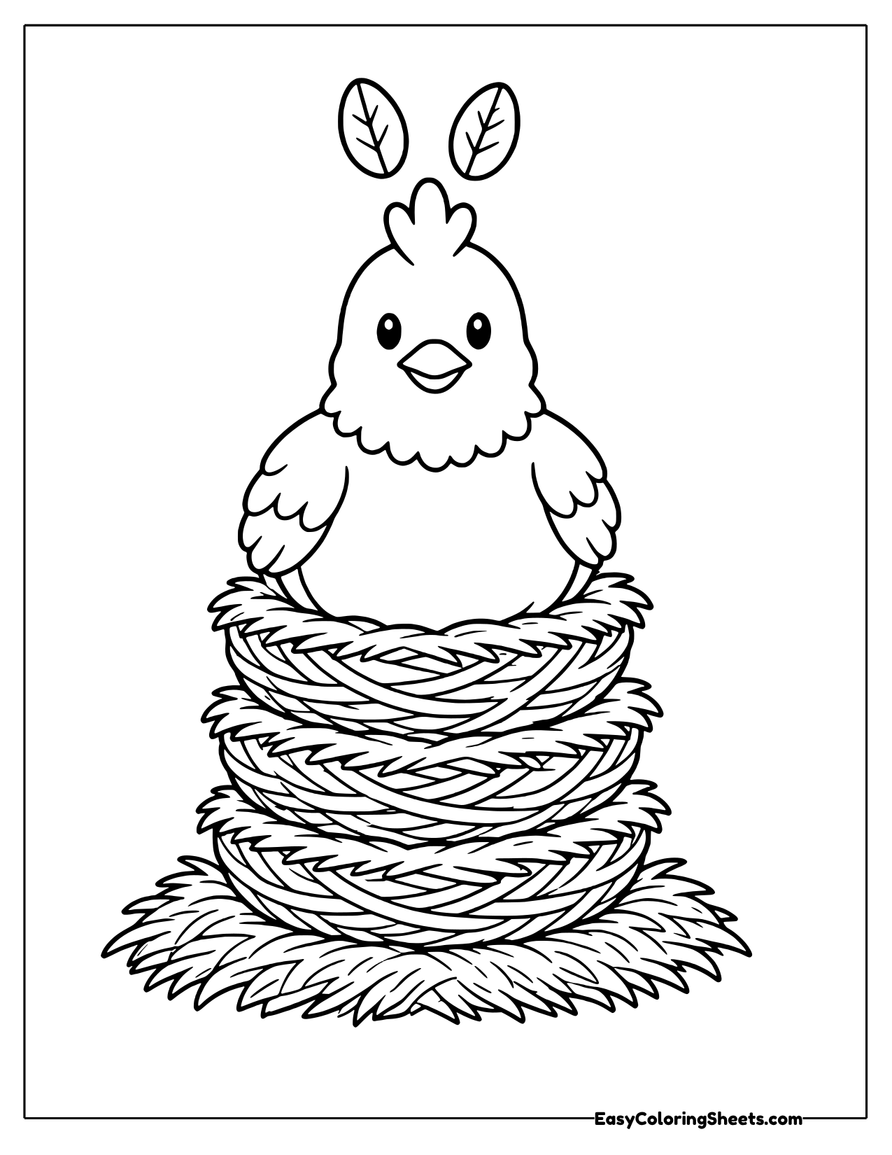A hen sits on top of several straw nests stacked into a tall tower, with two leaves floating above.