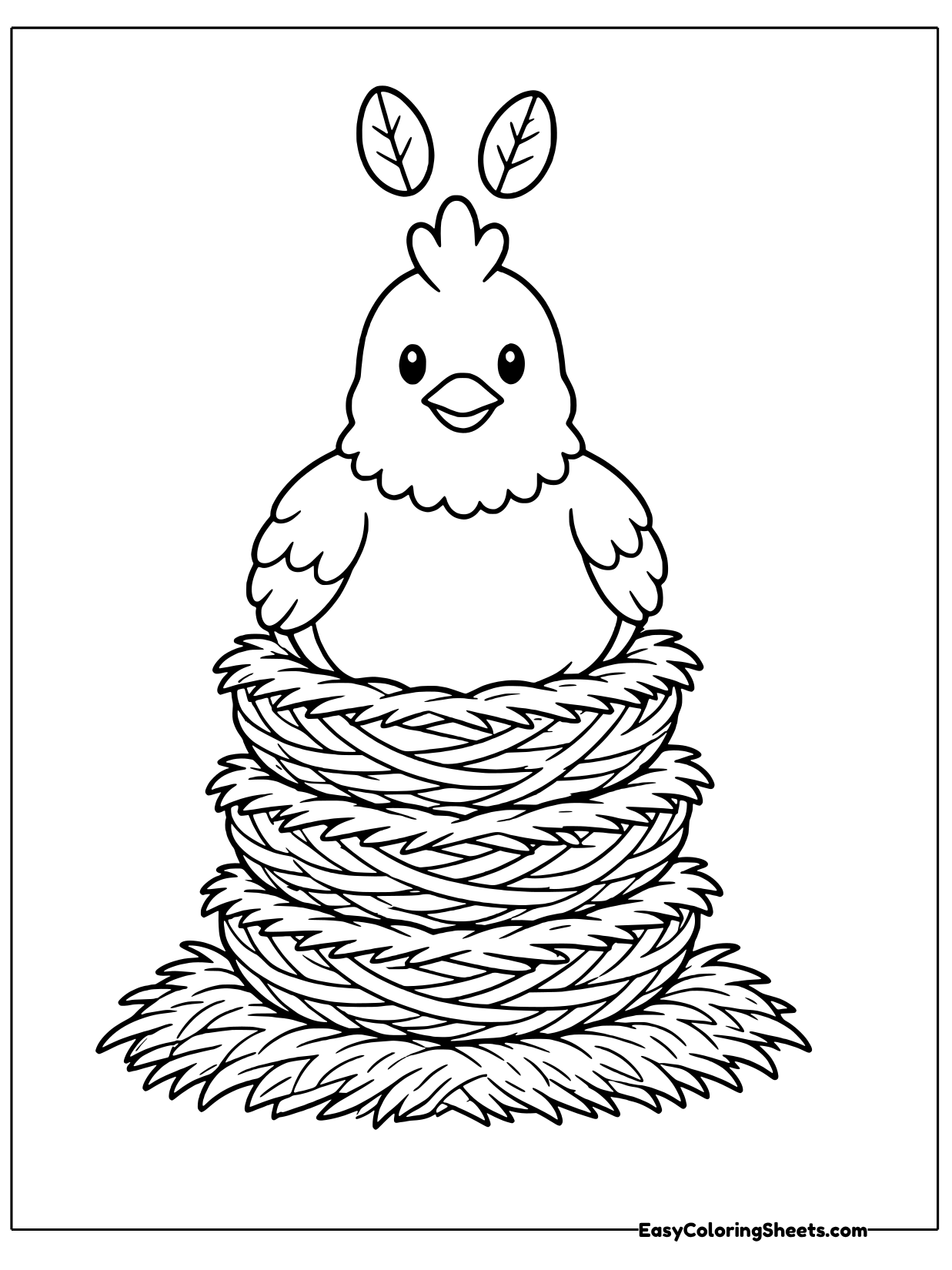 A hen sits on top of several straw nests stacked into a tall tower, with two leaves floating above.