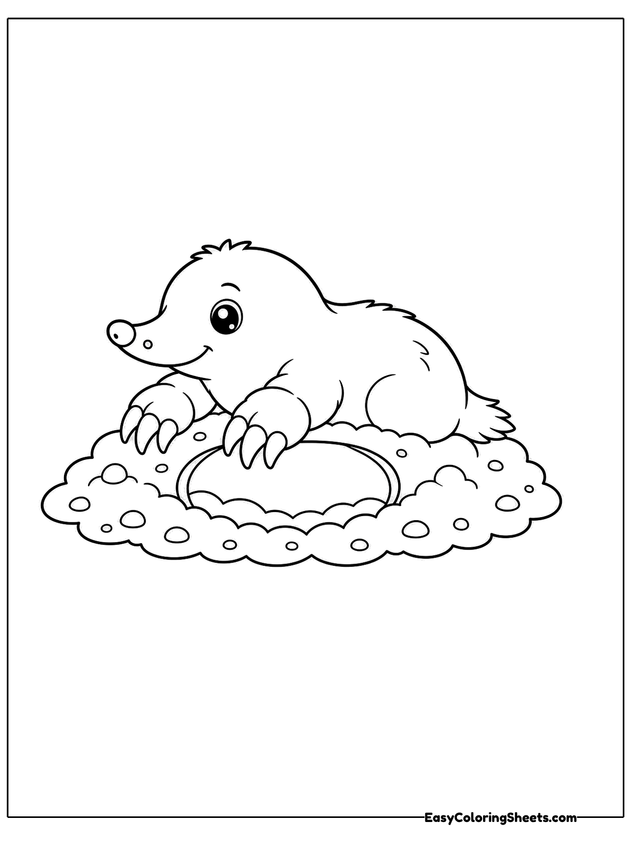 A cute mole pokes its head and front paws out of a dirt mound covered in little pebbles.