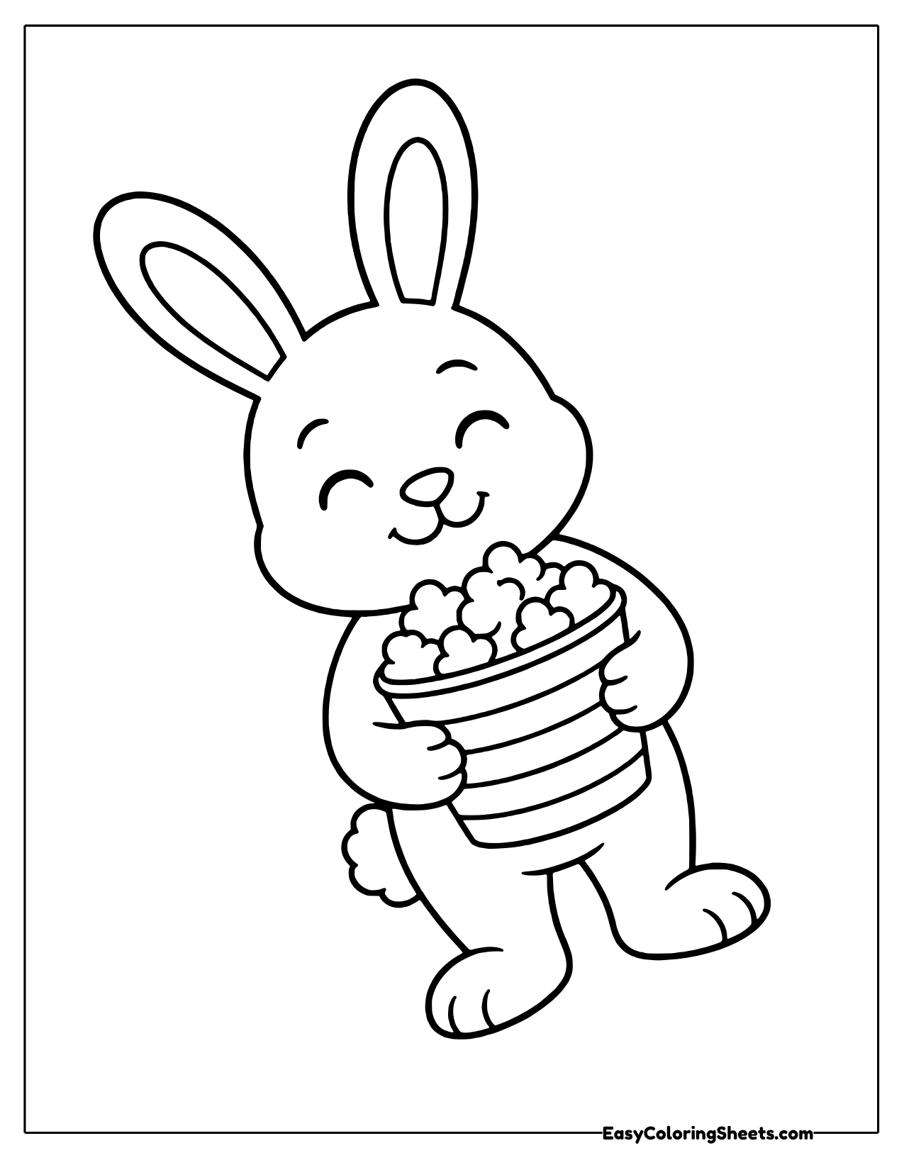 Tilted bunny with long ears hugging a striped popcorn cup