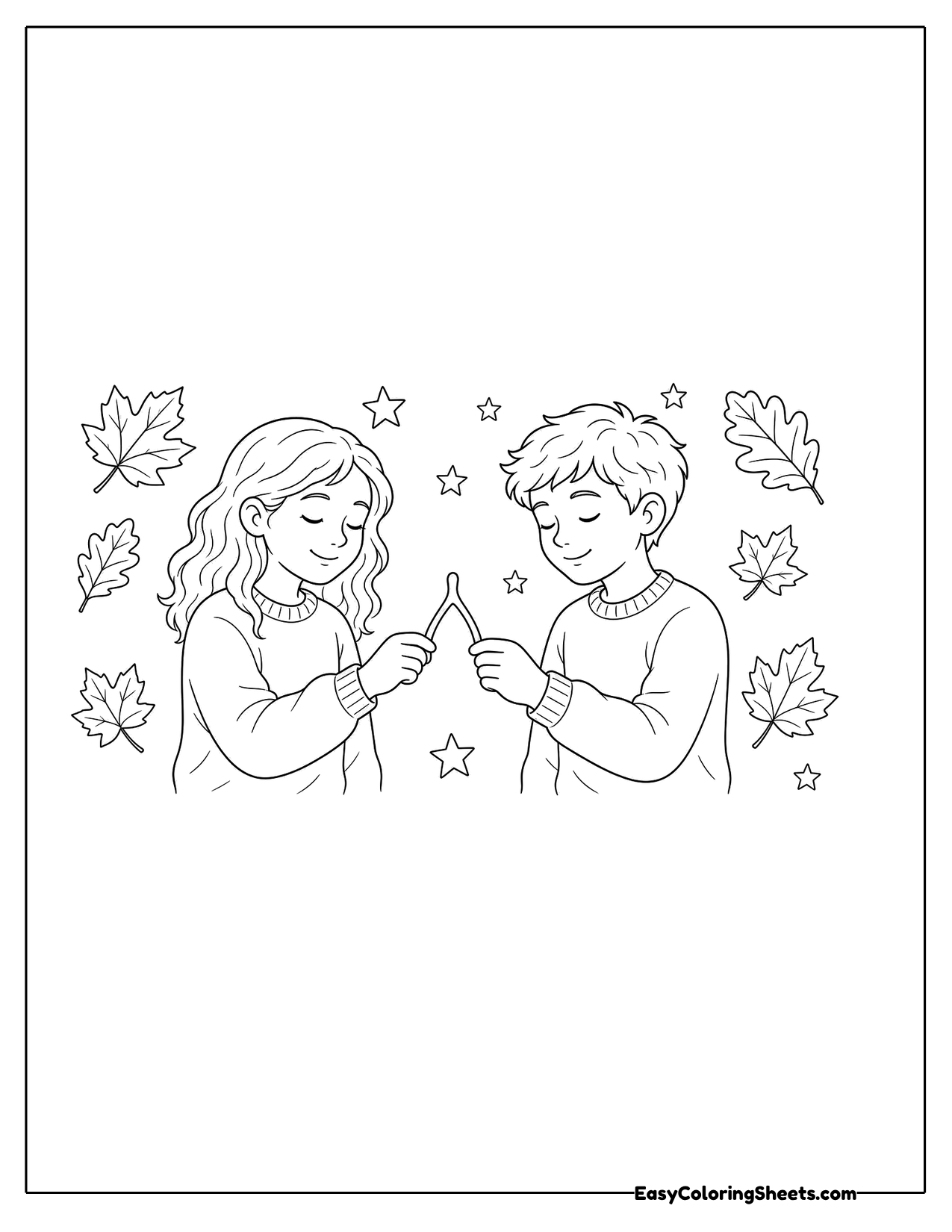 Two children pulling a wishbone among falling autumn leaves