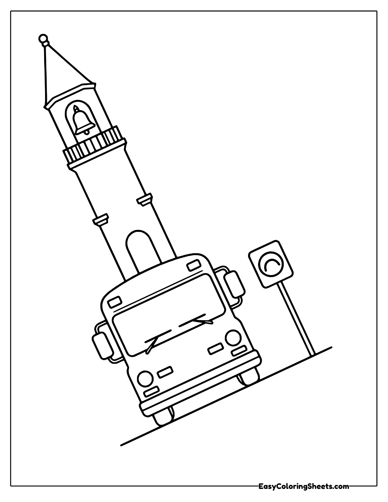 School bus at a bus stop with a tall bell tower rising behind it