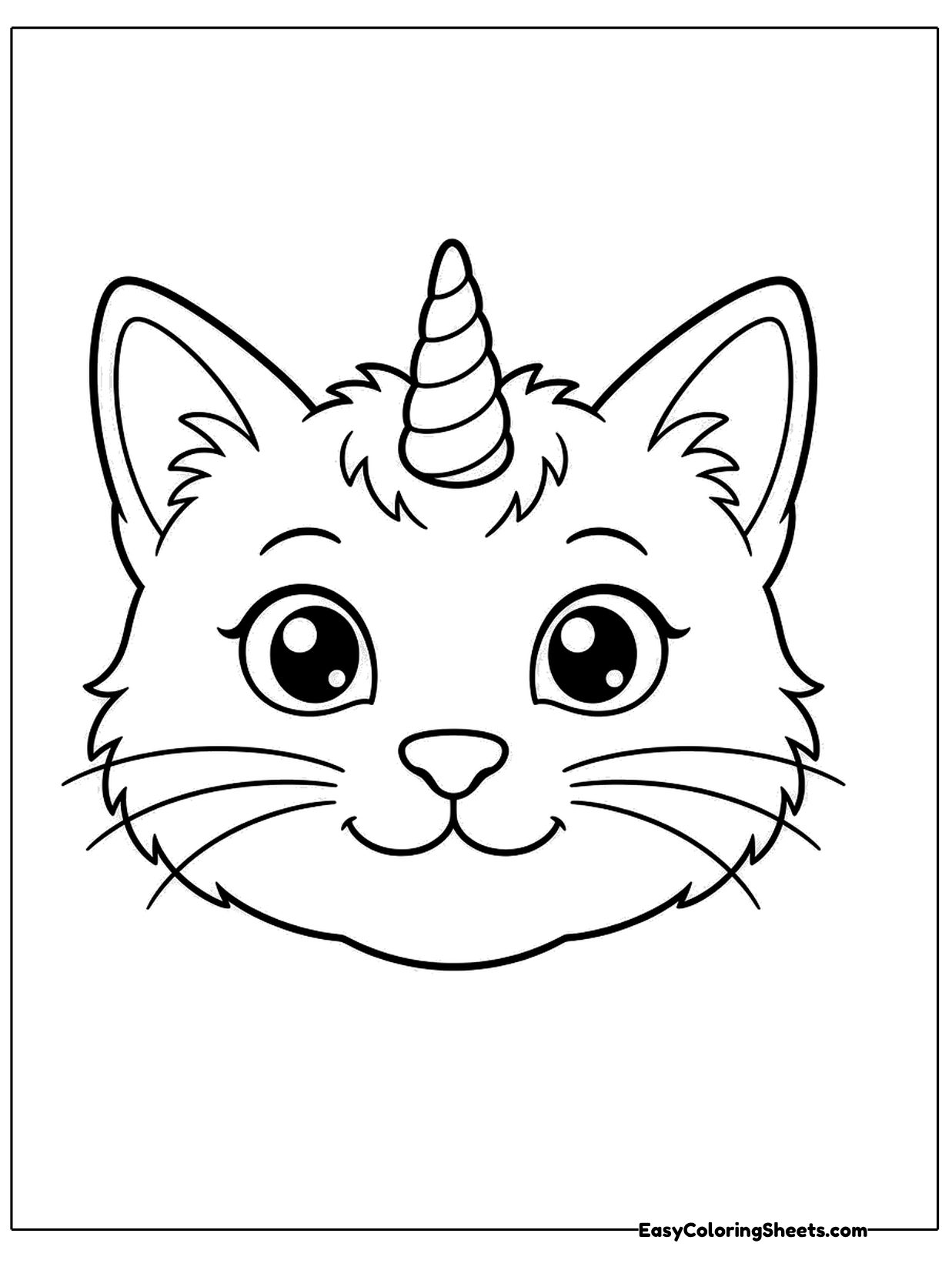 A cat face fills the page with pointed ears, huge shiny eyes, long whiskers and a striped unicorn horn rising from its.