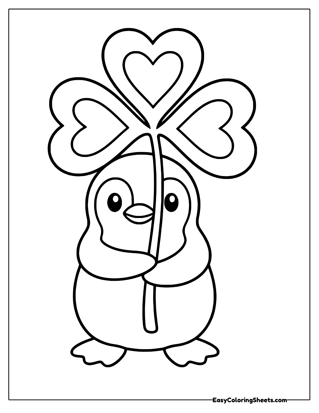 Little penguin hugging the stem of a big three leaf shamrock