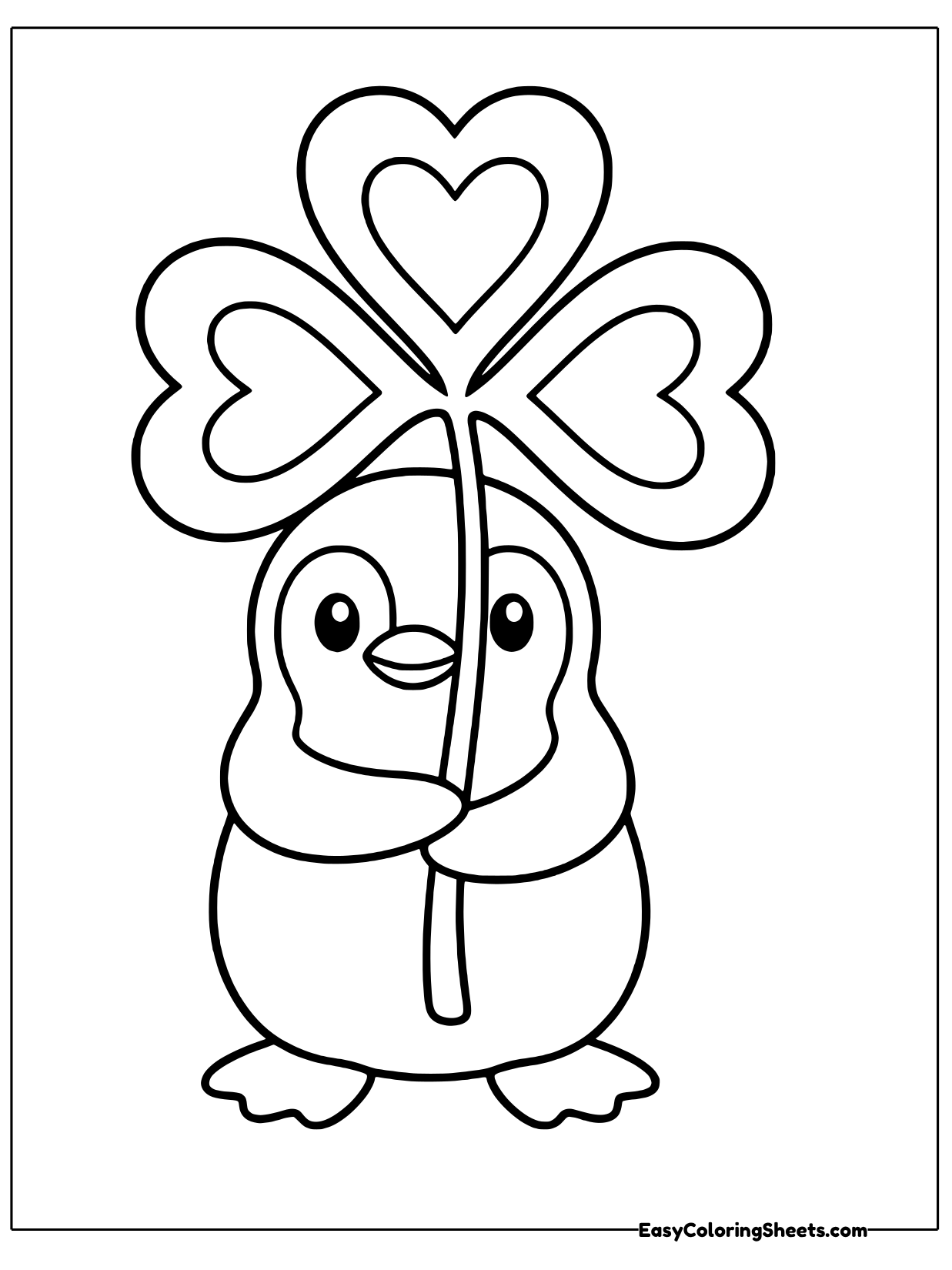 A sweet little penguin hugs the stem of a big three leaf shamrock that rises high above its head.