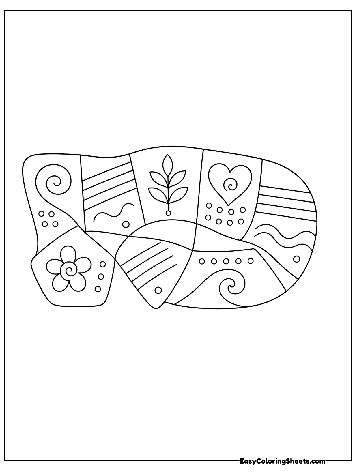 A rounded shape is divided into patchwork sections, each filled with a different design like hearts, leaves.