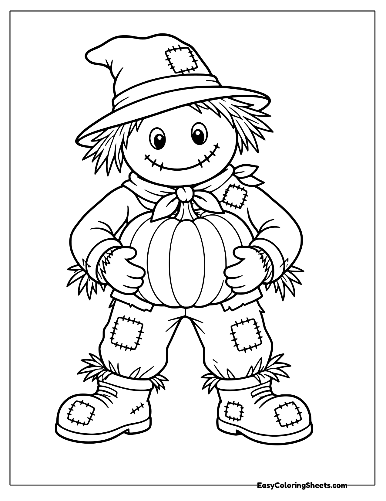 Scarecrow hugging a large round pumpkin