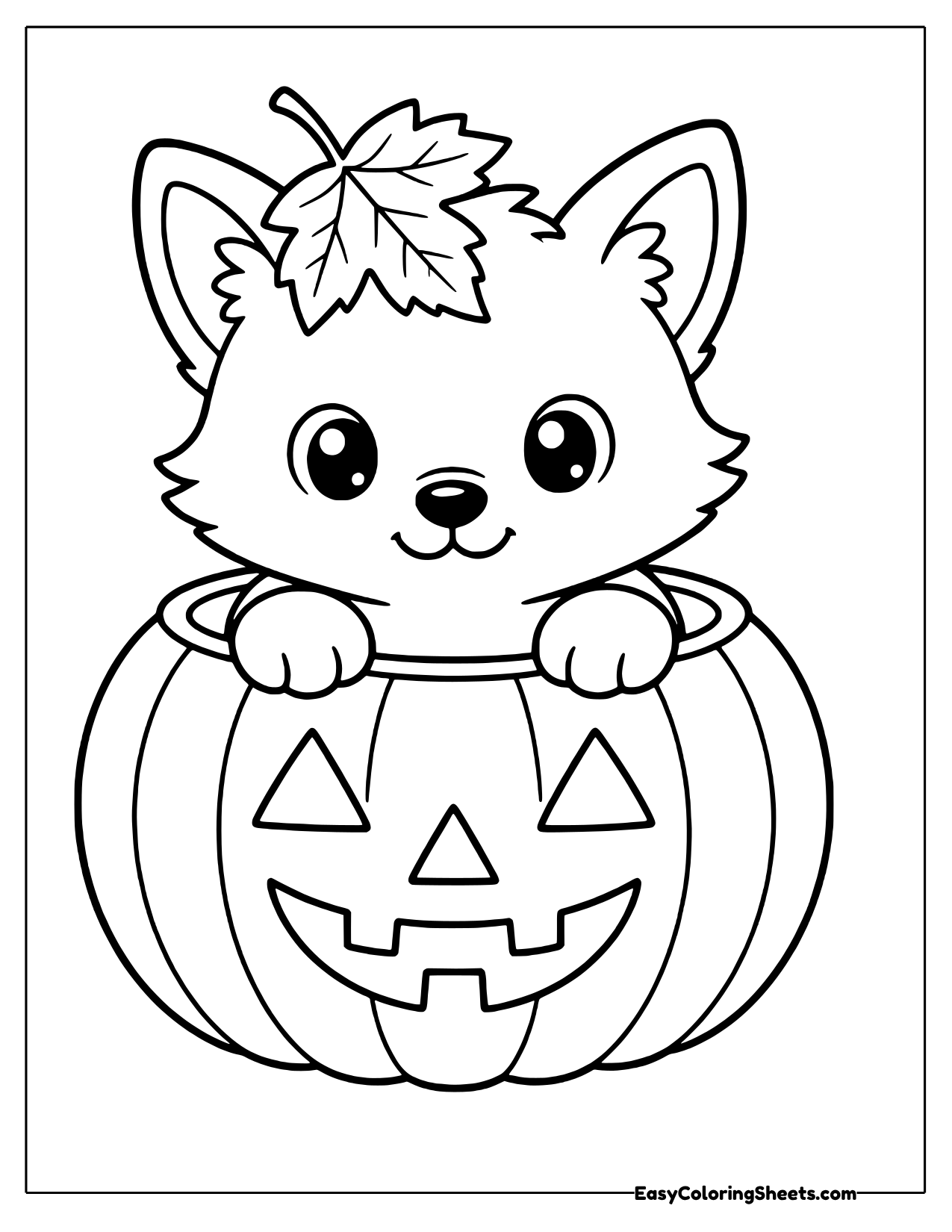 A little fox with pointed ears and a maple leaf on its head peeks out of a carved jack-o'-lantern.