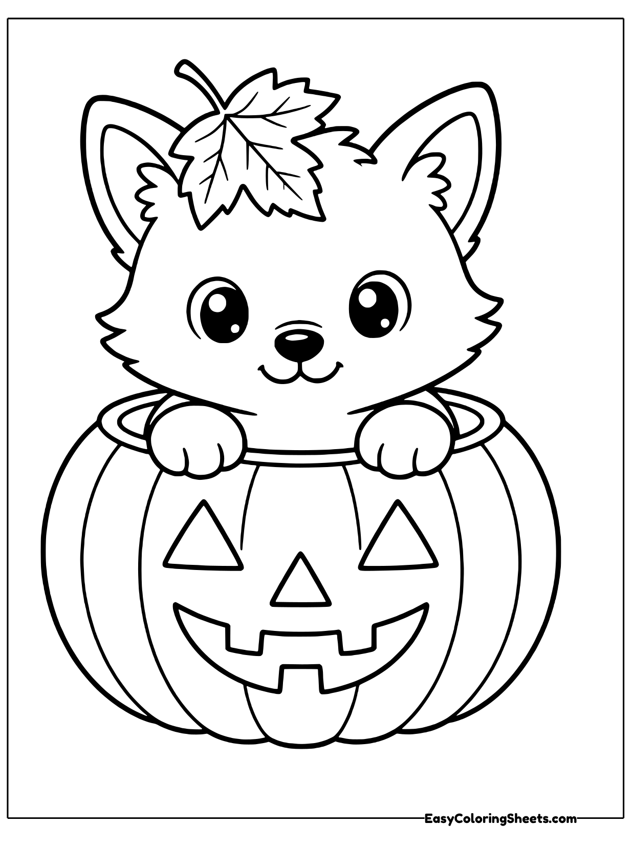 A little fox with pointed ears and a maple leaf on its head peeks out of a carved jack-o'-lantern.