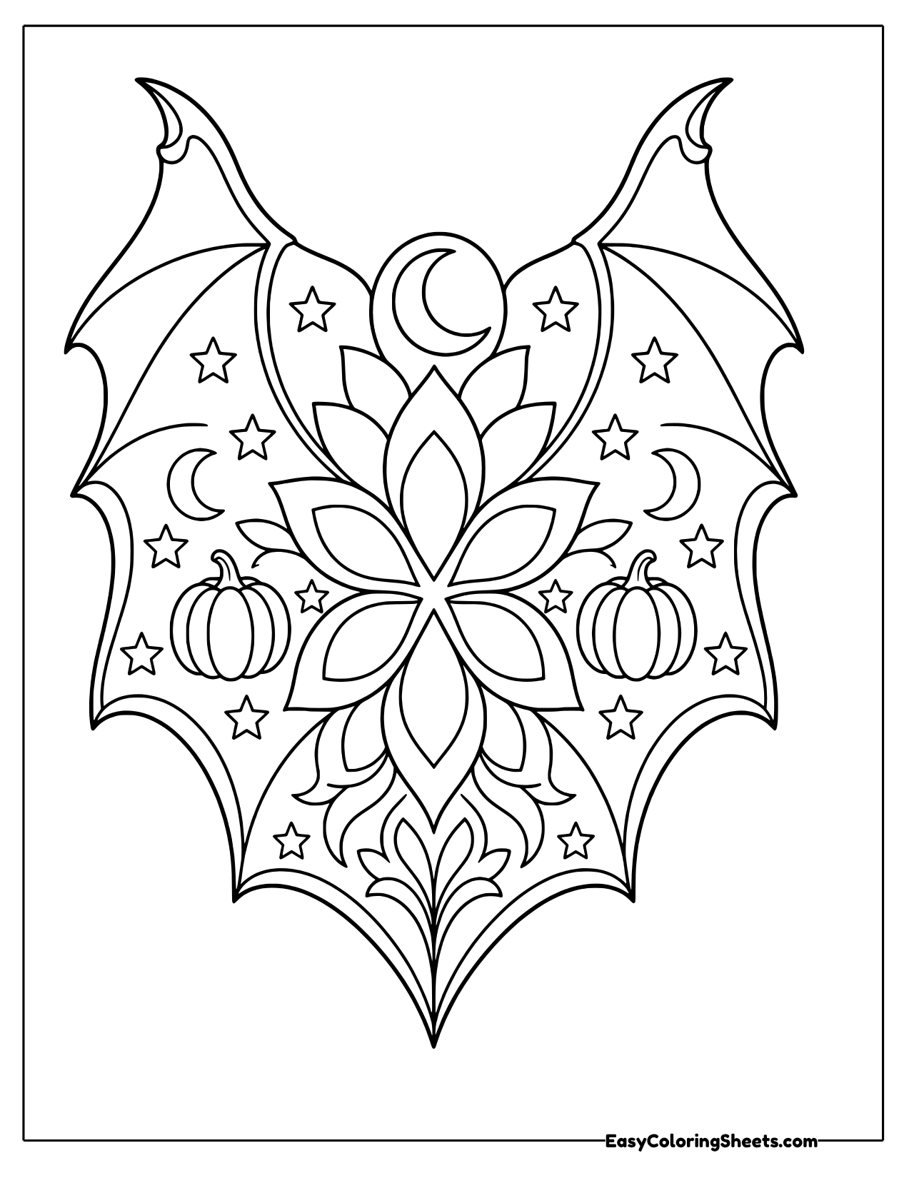Bat wing heart mandala with a central flower, crescent moon, stars and two pumpkins