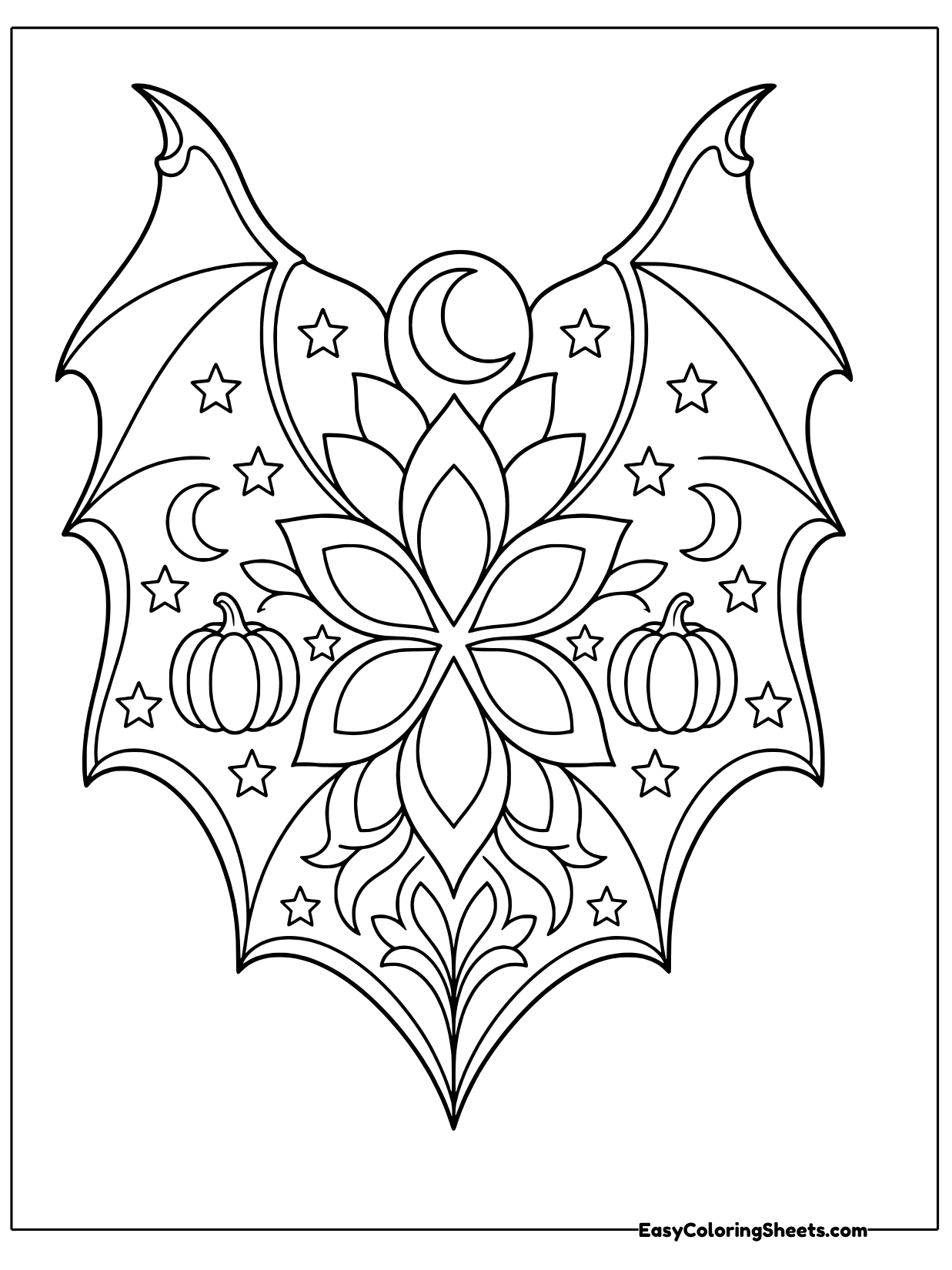 Spread wide like bat wings, this heart shaped Halloween mandala has pointed scalloped edges and a big layered flower at its.