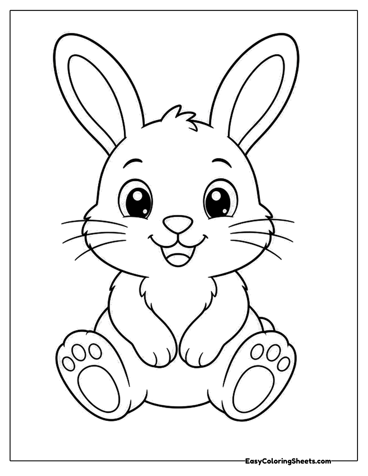 Smiling rabbit sitting facing front with both back feet showing paw pads