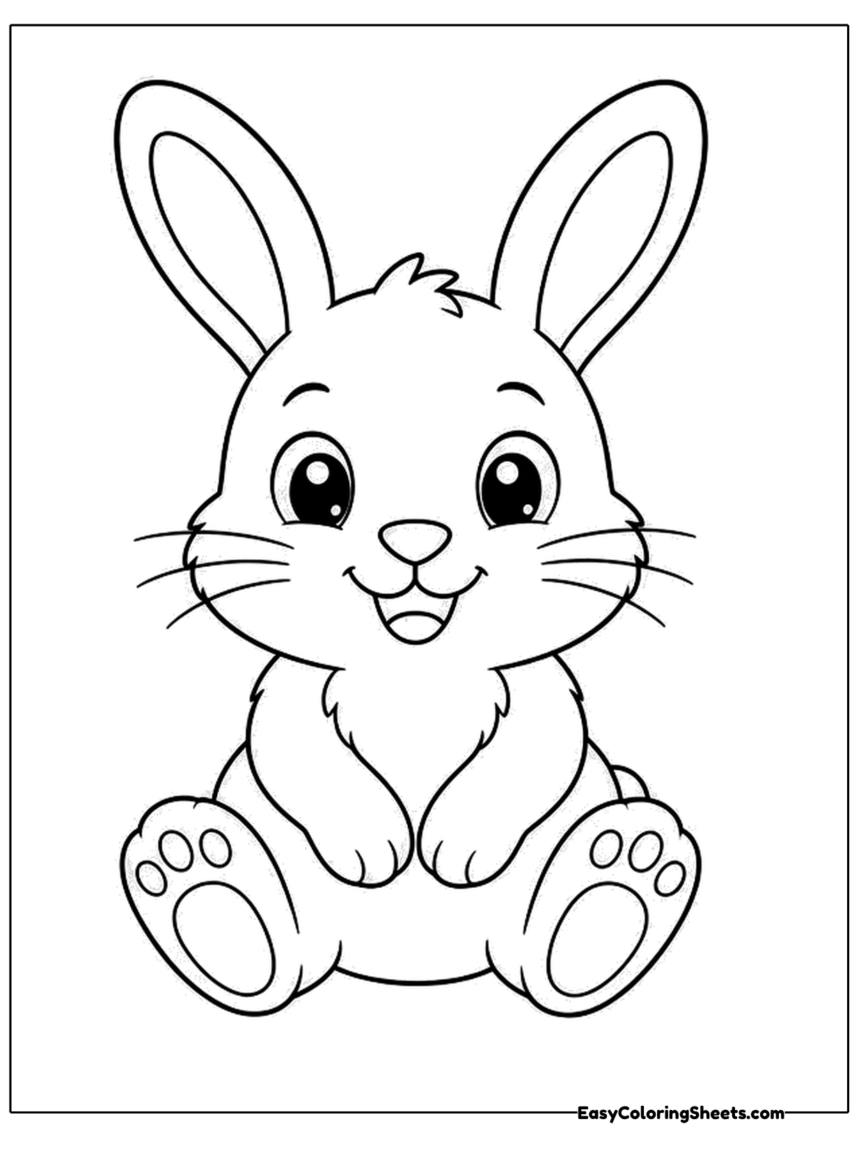 A smiling rabbit sits facing the viewer with both big back feet pointed forward, showing their paw pads.