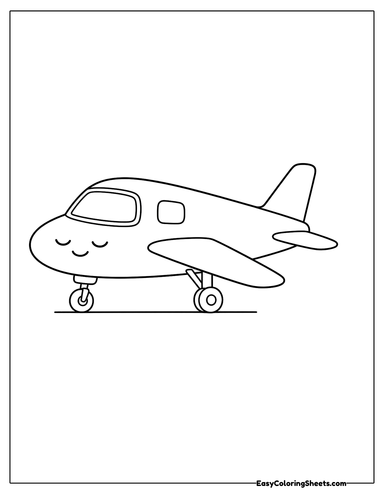 Sleepy airplane with closed eyes on its wheels