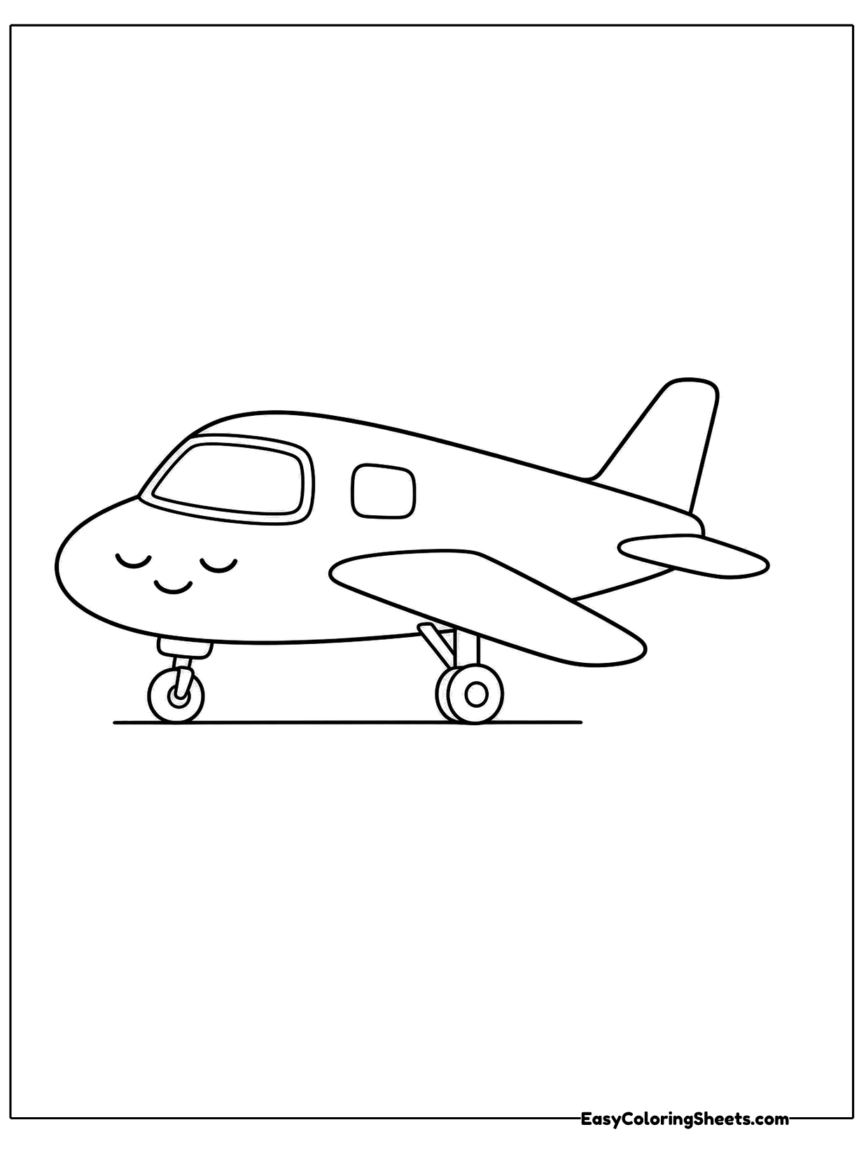 A sleepy airplane with closed eyes rests on its wheels, looking ready for a nap.
