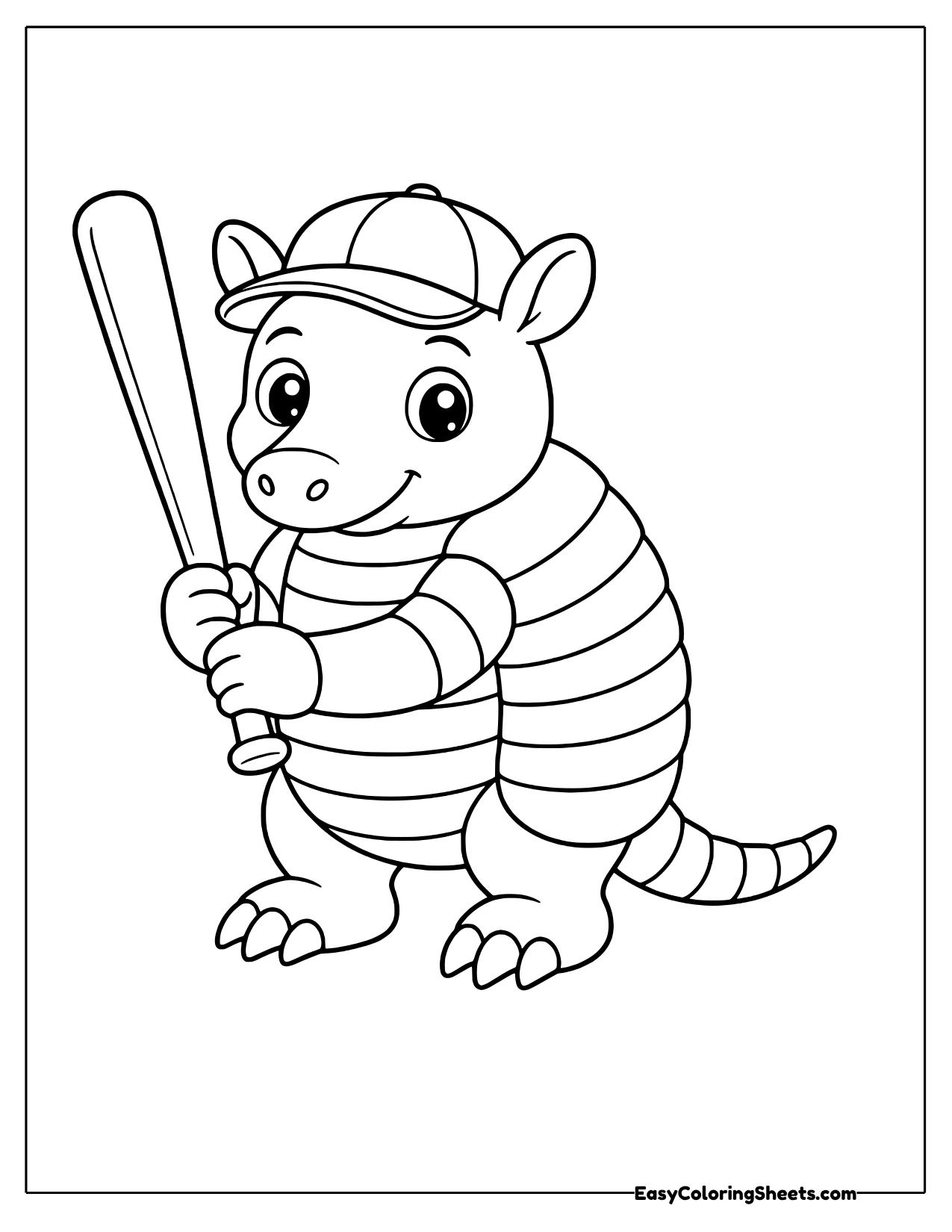 Armadillo in a baseball cap holding a bat over its shoulder