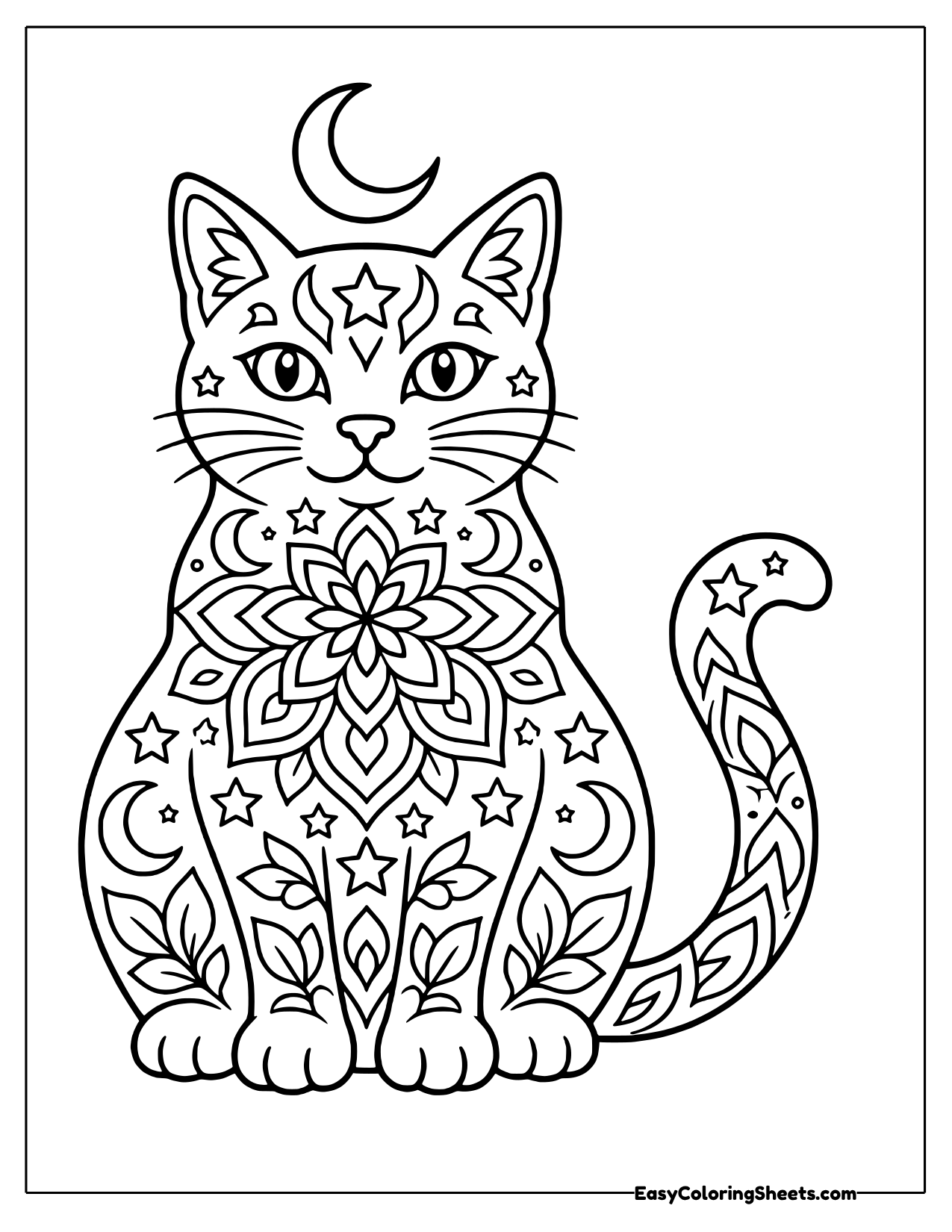 Sitting cat filled with mandala flowers, stars and moons under a crescent moon