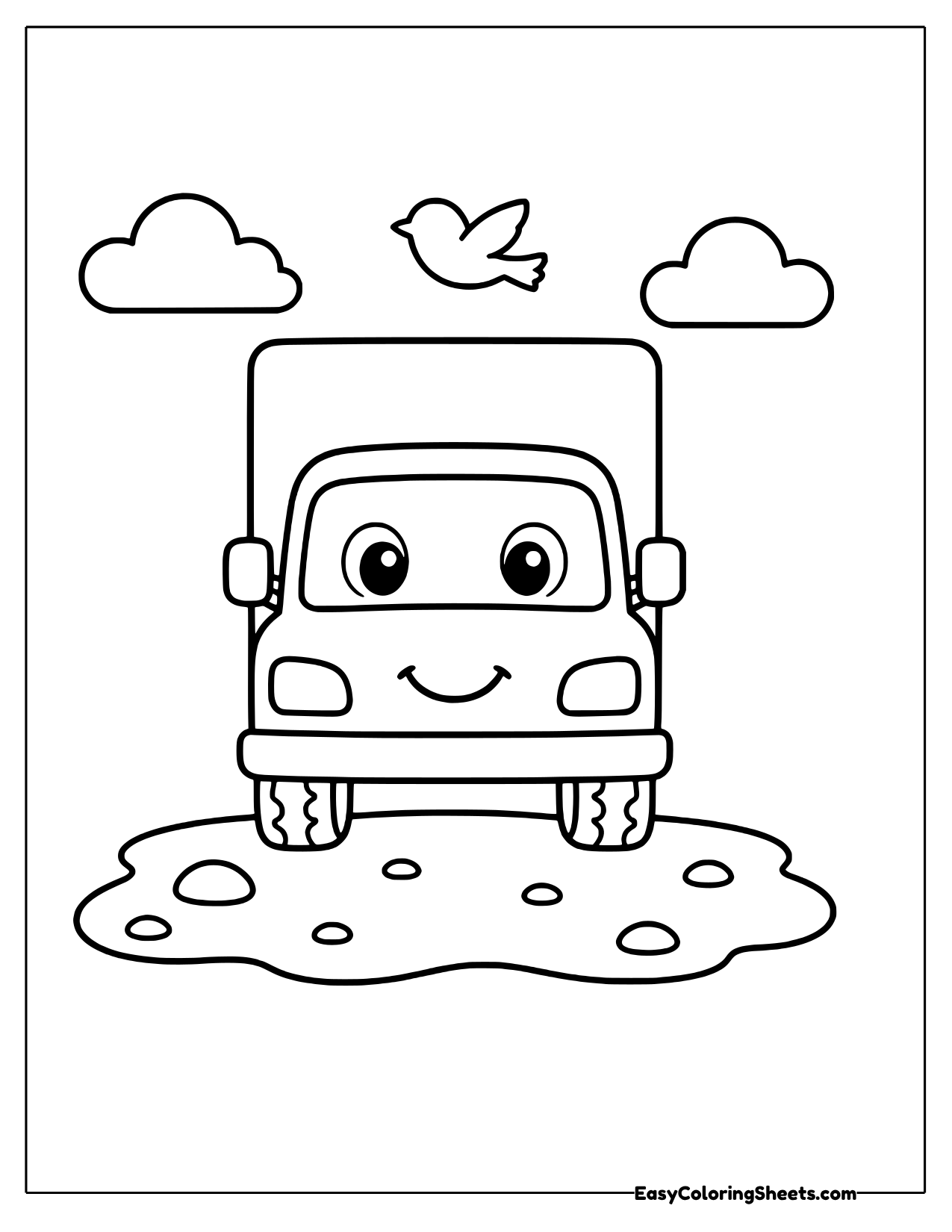 Smiling box truck with clouds above