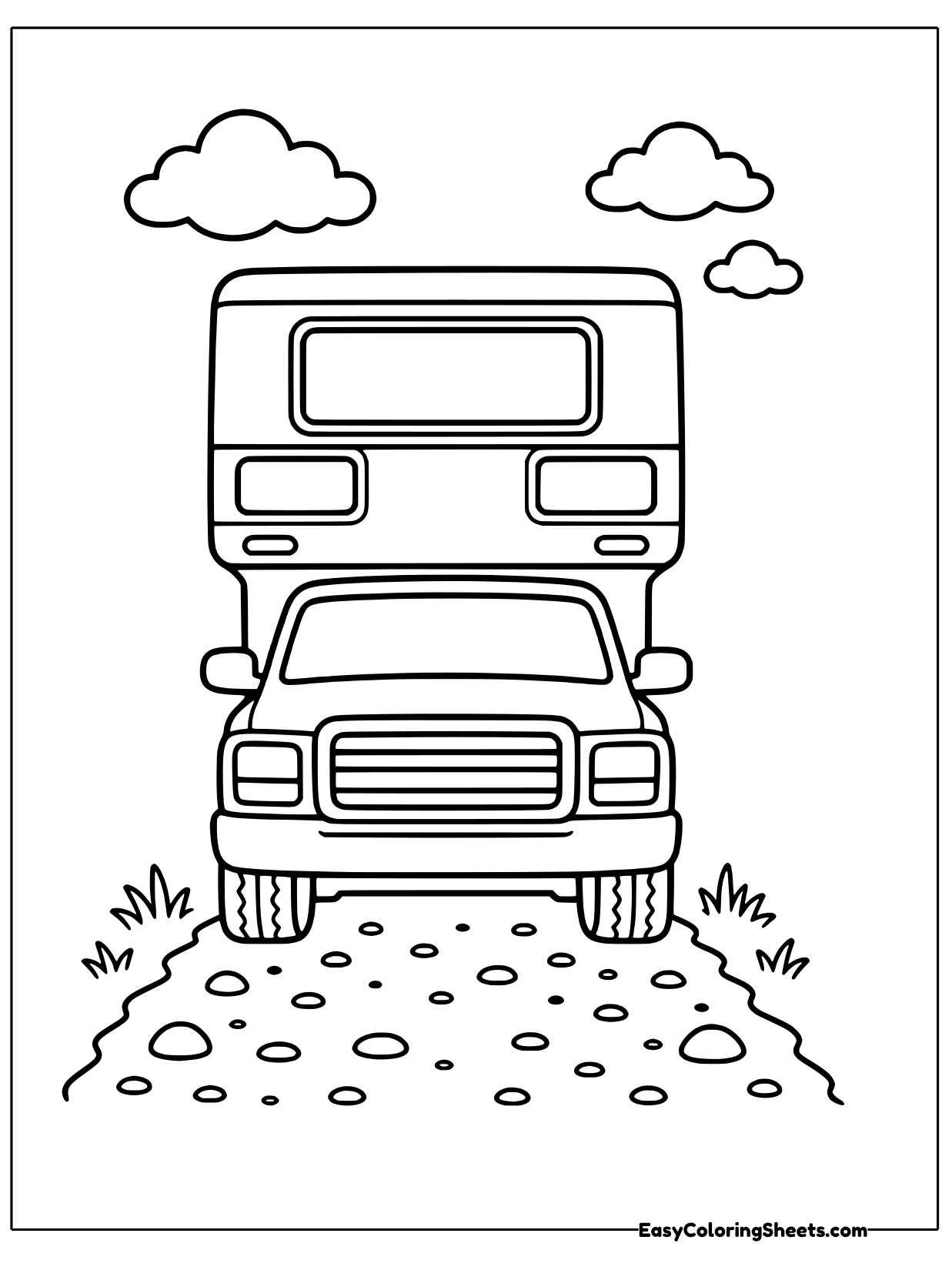 A pickup truck carries a camper shell that sits in its bed and hangs over the cab, driving along a rocky trail.