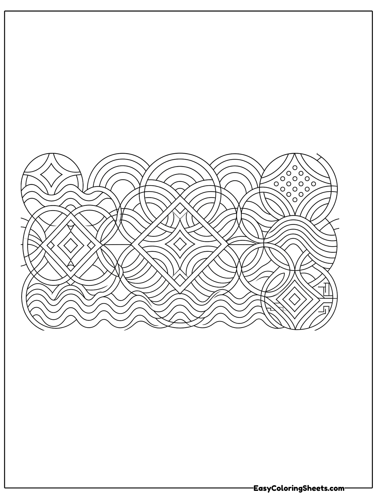 A rectangular band of overlapping arcs and wavy lines creates a mesmerizing optical pattern.