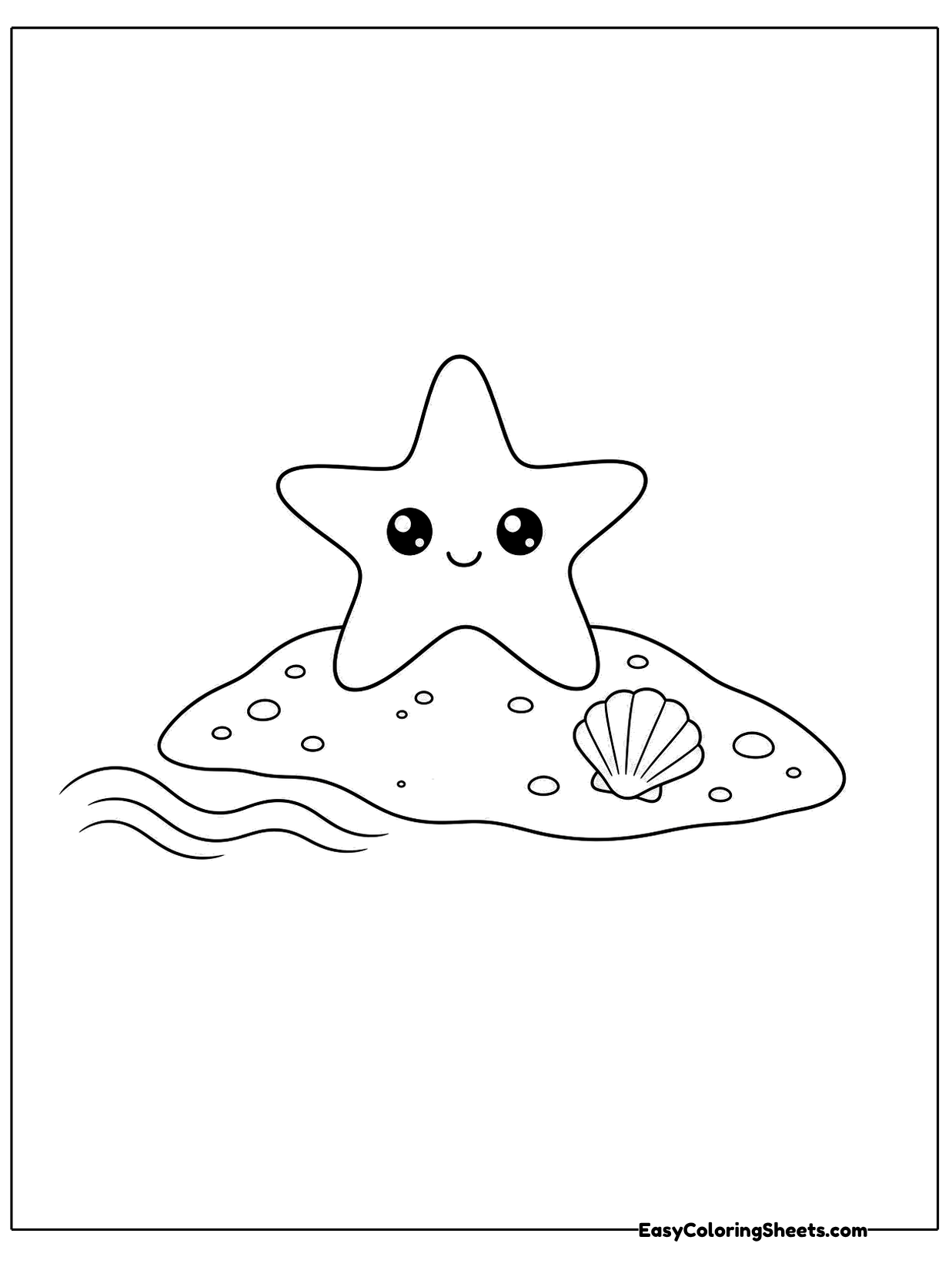A tiny smiling starfish rests on top of a small mound of sand, with a ridged seashell tucked beside it and gentle waves.