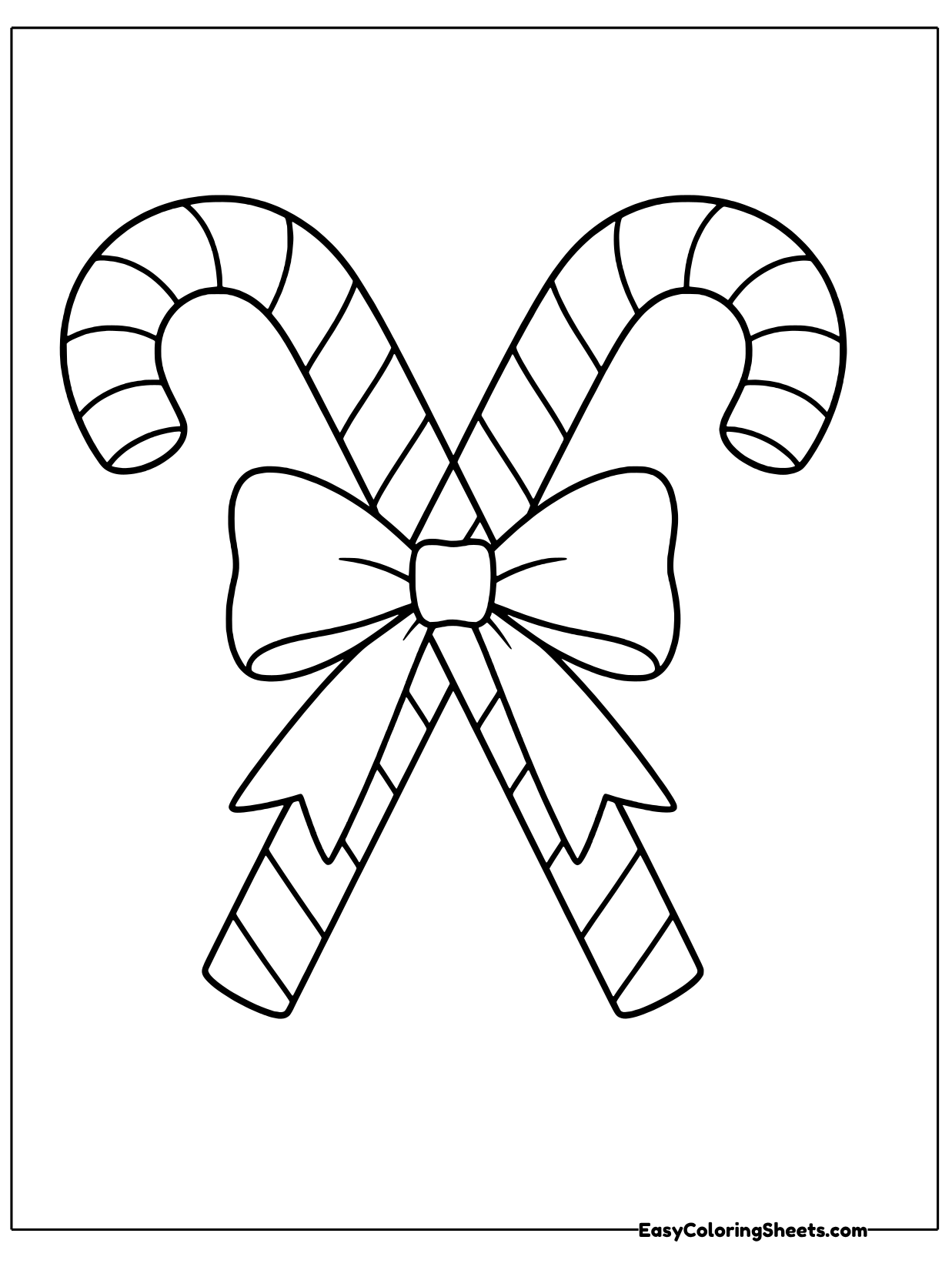 Two candy canes cross in the middle and are tied together with a ribbon bow where they meet.