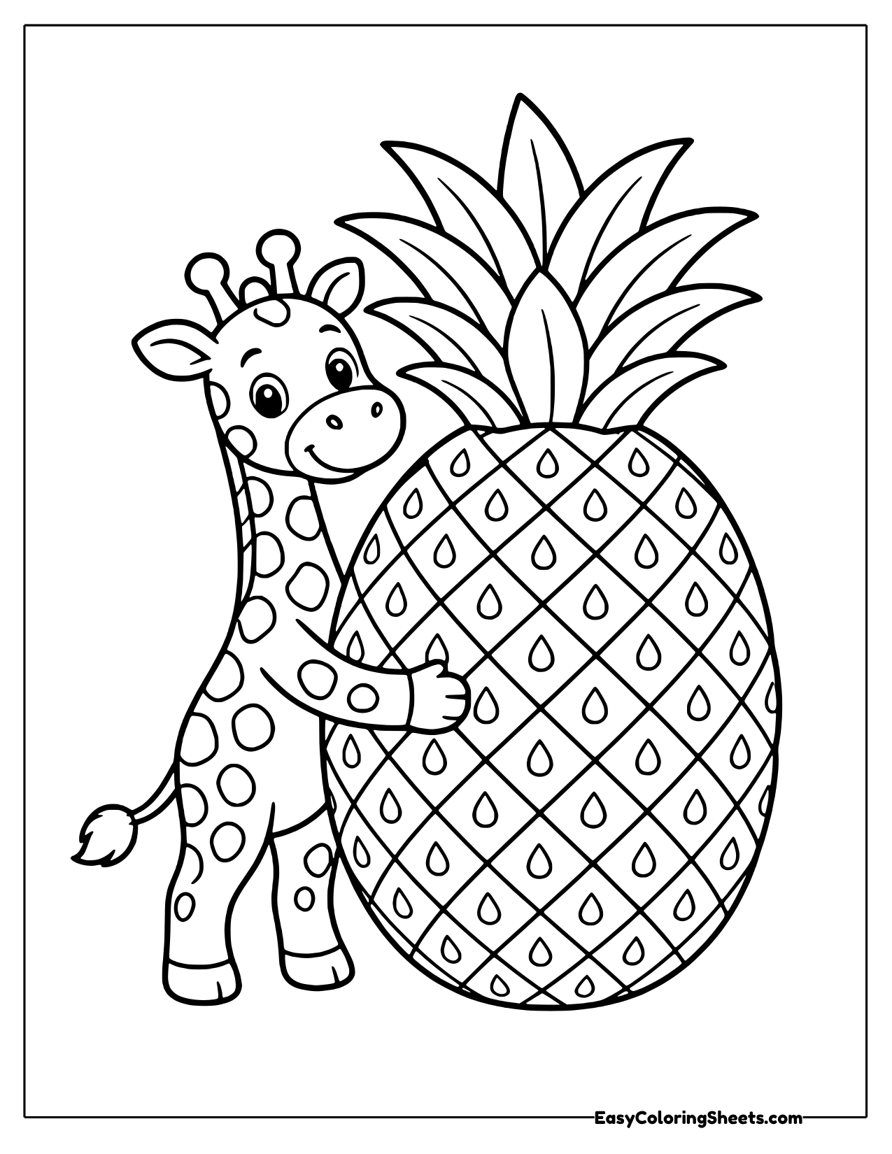 Spotted baby giraffe hugging a giant pineapple with a spiky leaf crown