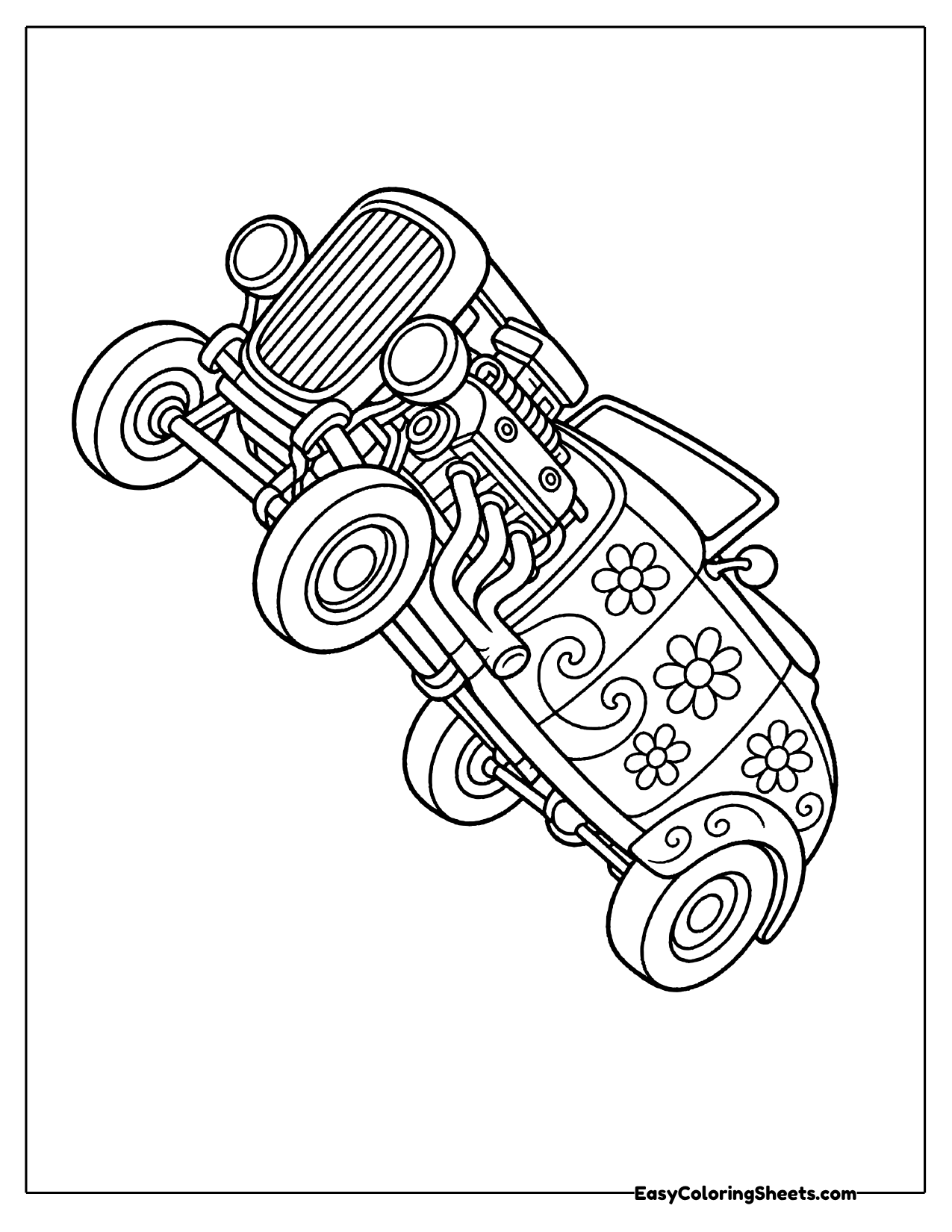 Hot rod covered in flower power designs