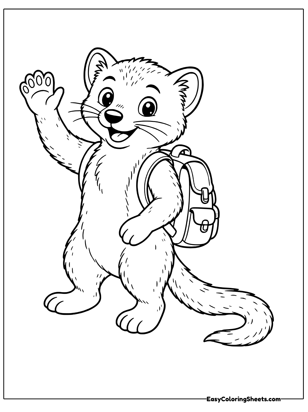 A cheerful mongoose waves hello while wearing a backpack over one shoulder, ready for school.