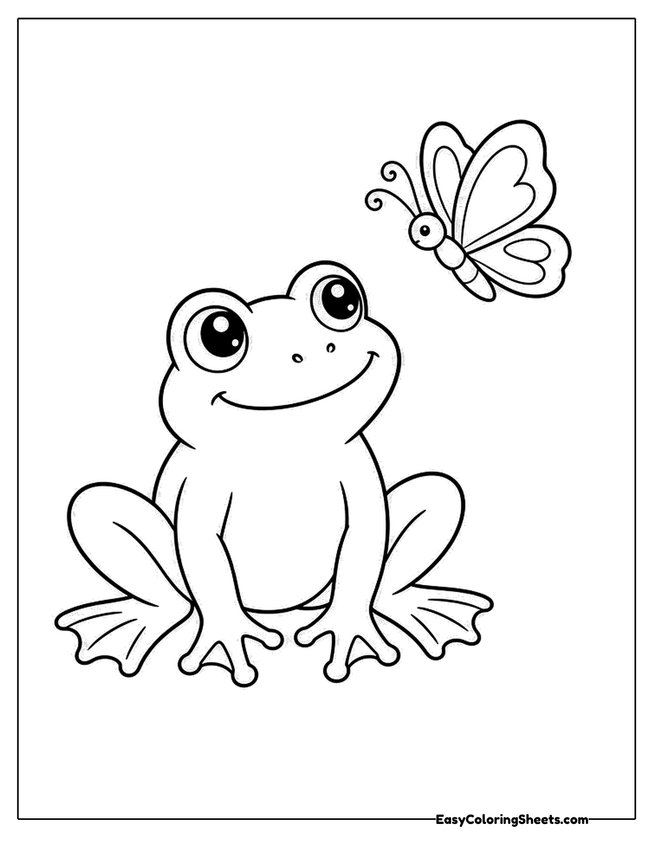 Frog looking up at a butterfly fluttering overhead