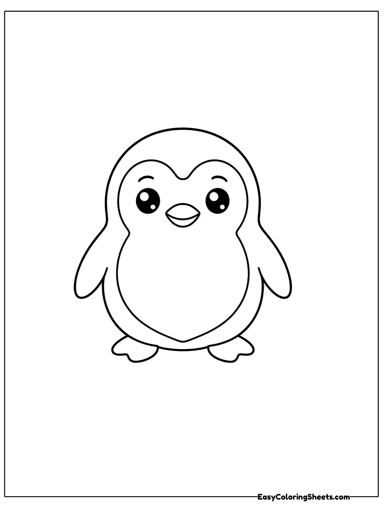 A penguin stands facing the viewer with a white heart-shaped face, small beak and flippers at its sides.