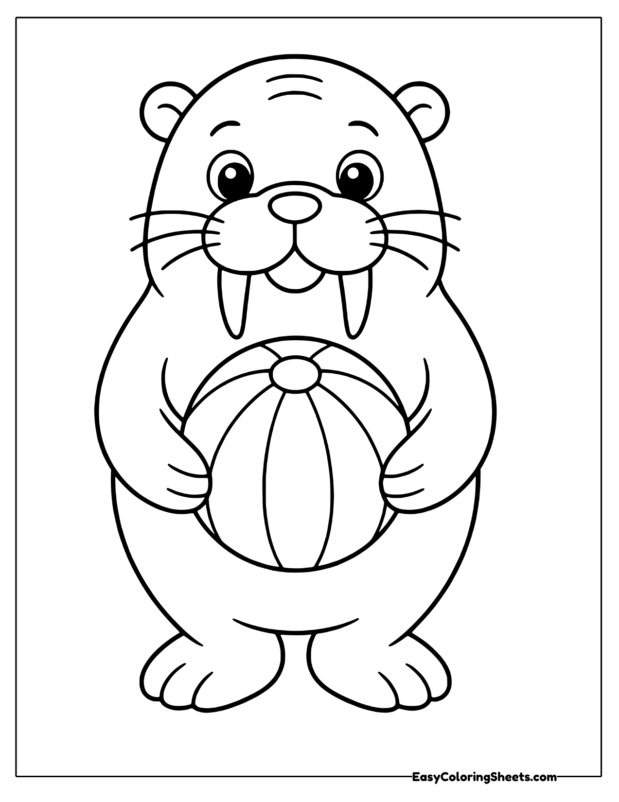 Walrus hugging a big striped beach ball