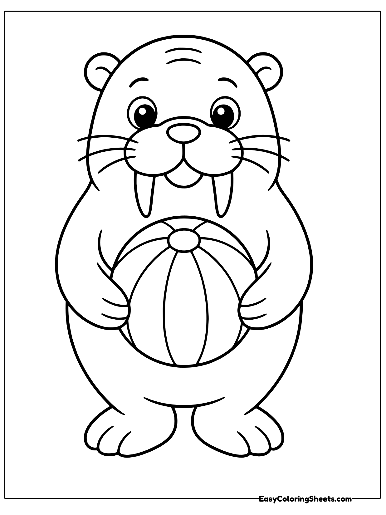 A cheerful walrus sits up and hugs a big striped beach ball against its round belly, with its tusks and curly whiskers above.